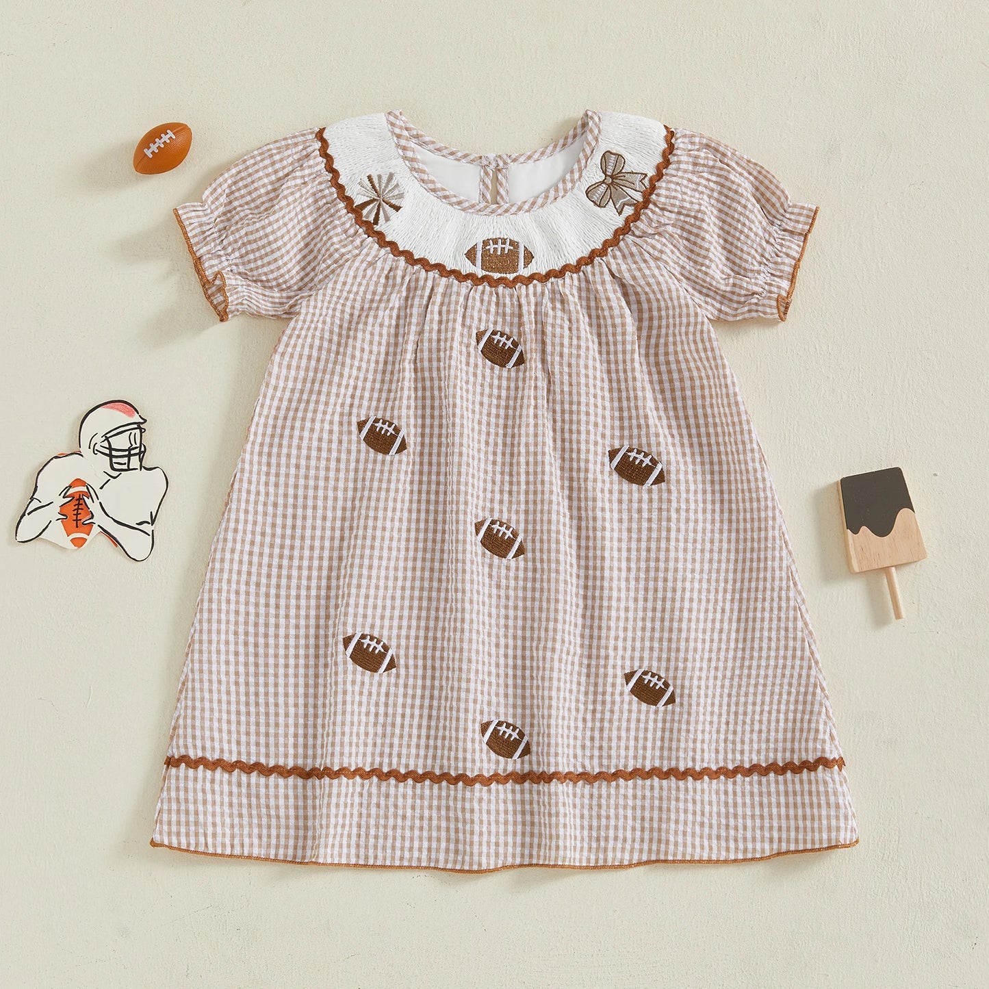 Toddler Kids Girl Dress Loose Fit Football Embroidered Plaid Crew Neck Short Sleeve Dress Summer Fall
