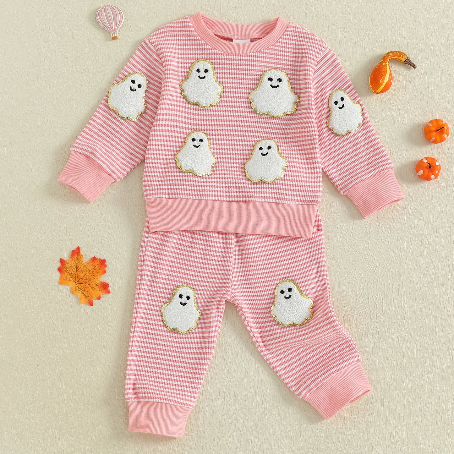 Baby Toddler Boys Girls 2Pcs Halloween Outfit Ghost Pumpkin Pattern Striped O-Neck Long Sleeve Top with Pants Jogger Set