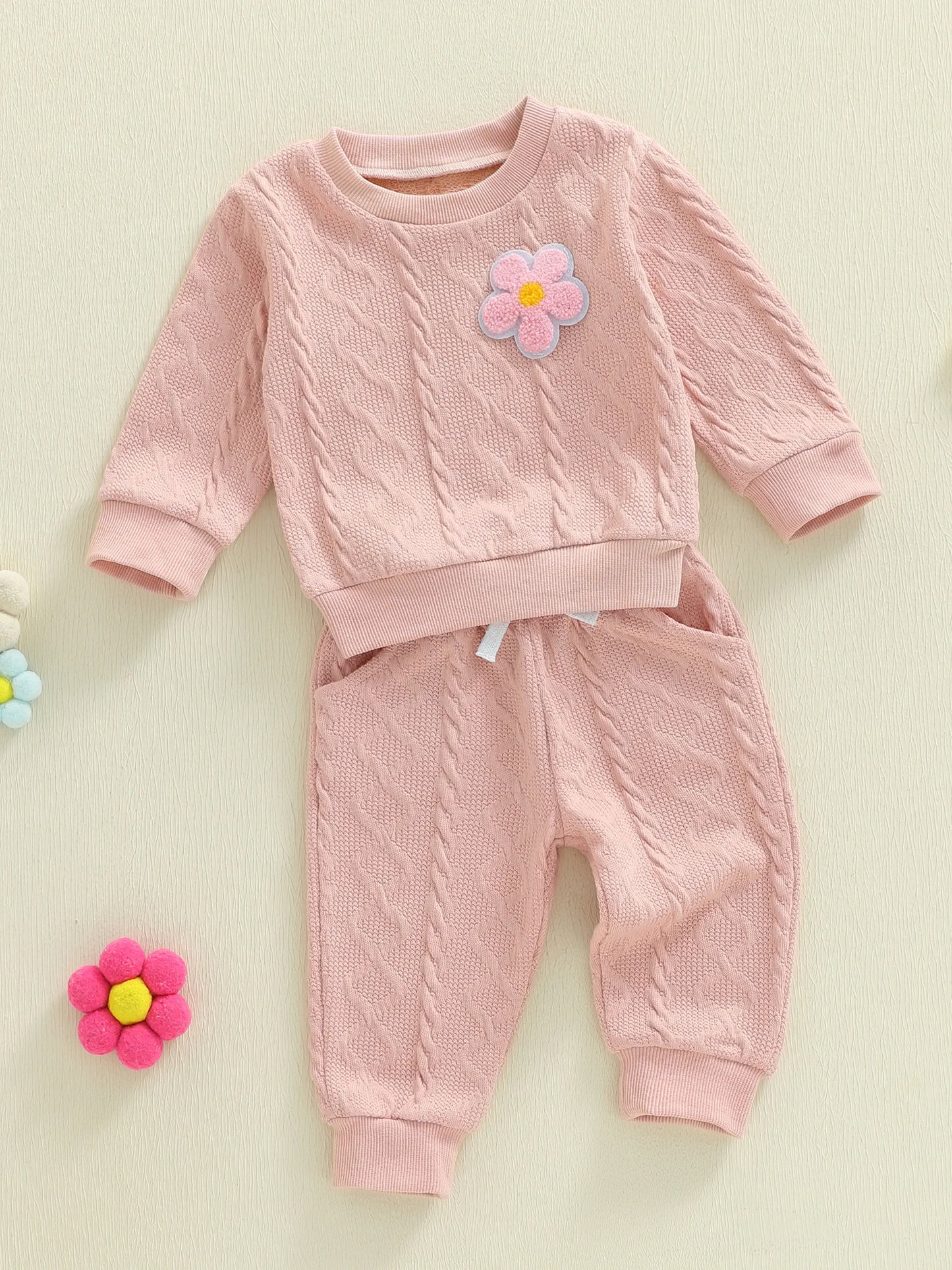 Baby Toddler Girls 2 Piece Outfits Creative Flower Embroidery Long Sleeve Crew Neck Top and Elastic Waist Pants Jogger Set