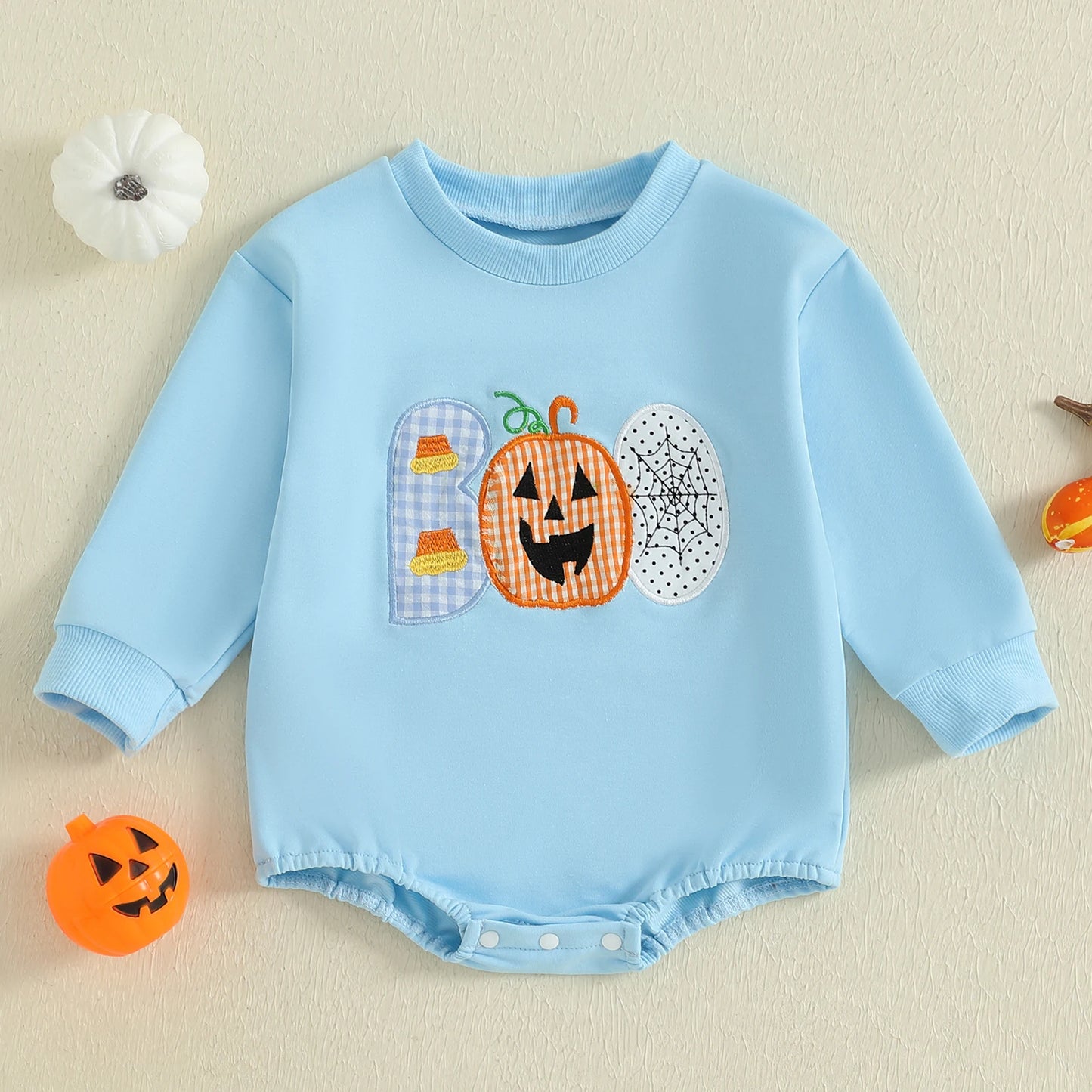 Baby Girls Boys Bubble Romper Halloween Clothes Spider Web Pumpkin Embroidery Letters Boo Long Sleeve Bodysuit Jumpsuit