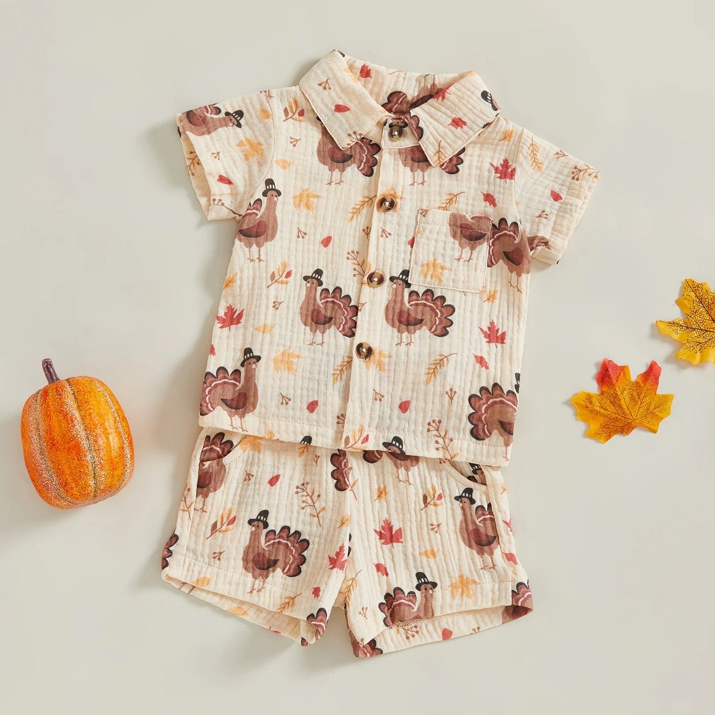 Baby Toddler Boys 2Pcs Thanksgiving Outfit Turkey Short Sleeve Button-up Shirt Elastic Waist Shorts Set