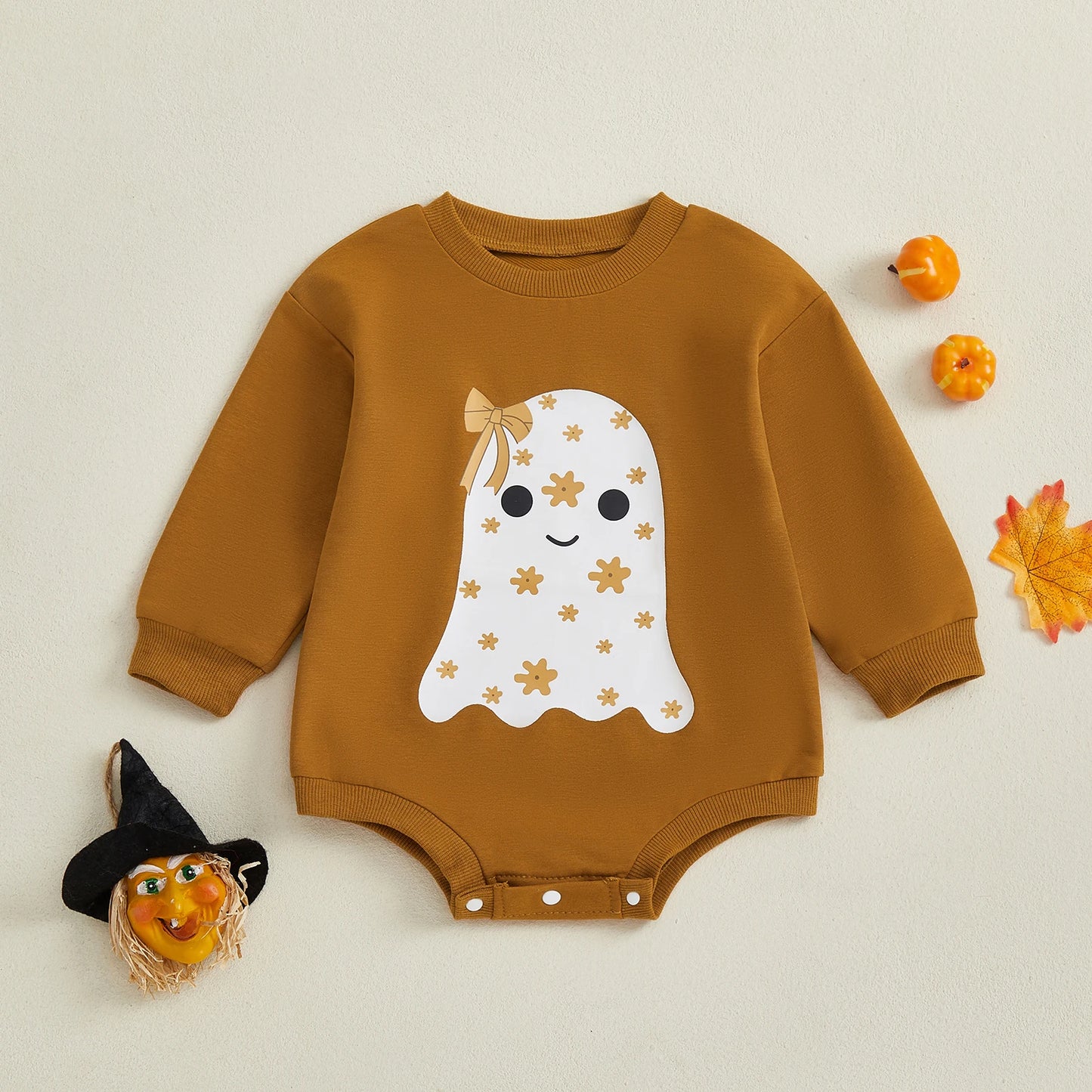 Newborn Baby Girls Halloween Sweatshirt Romper Casual Ghost Print Long Sleeve Jumpsuits Infant Fashion Clothes