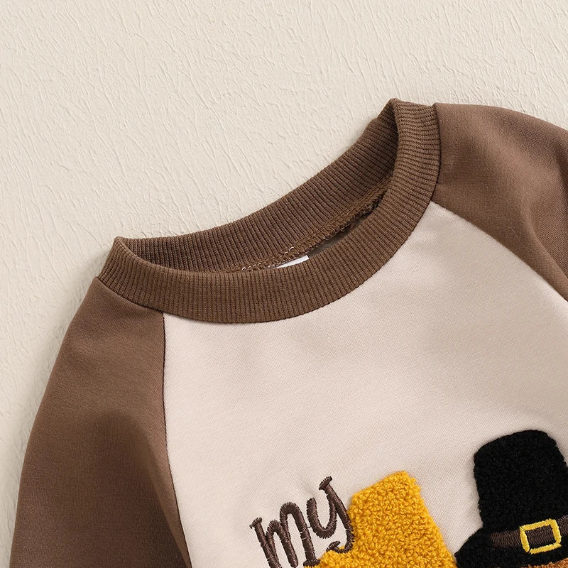 Baby Boy My First Thanksgiving Romper Casual Turkey Letter Embroidery Long Sleeve Jumpsuit