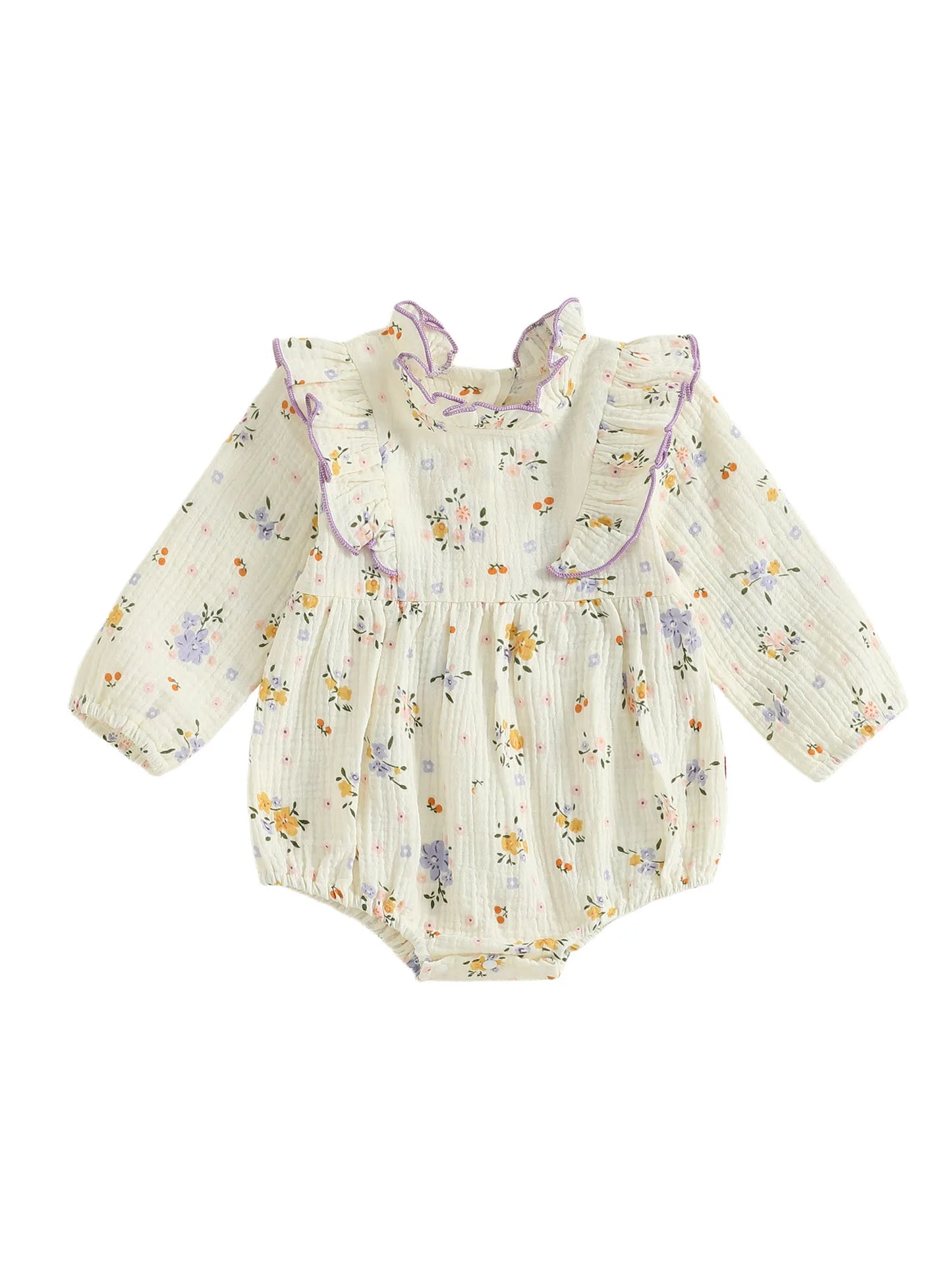 Baby Girl Fall Bubble Romper Floral Print Long Sleeve Frill Mock Neck Ruffled Jumpsuit
