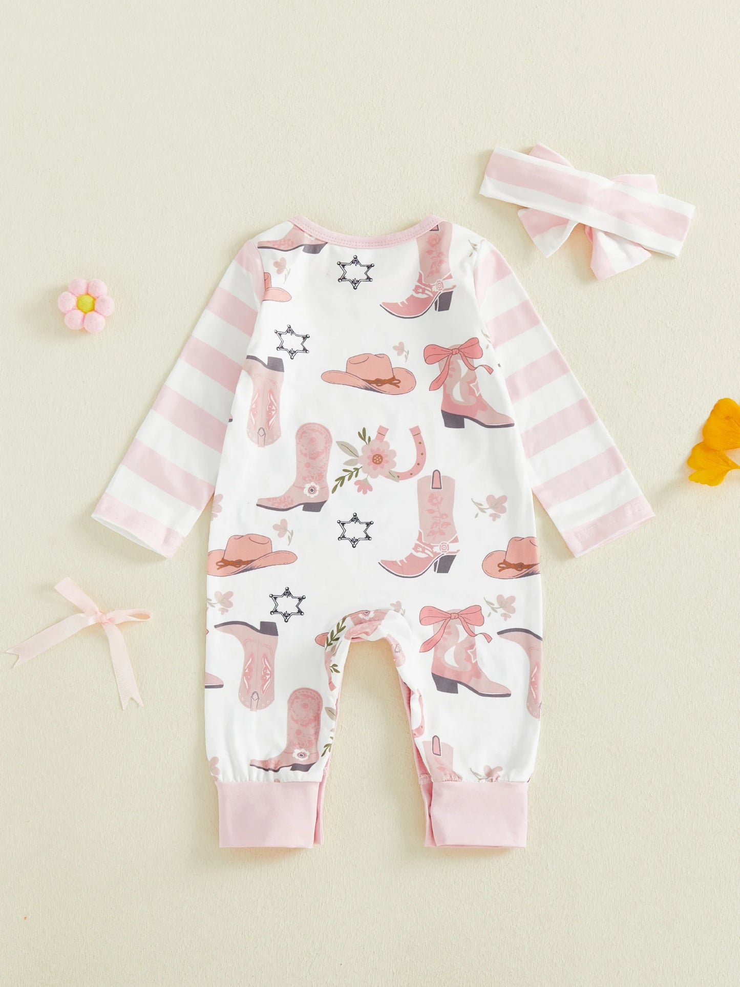 Baby Girl 2Pcs Western Outfit Long Sleeve Round Neck Cowgirl Hat Floral Print Jumpsuit with Headband Set