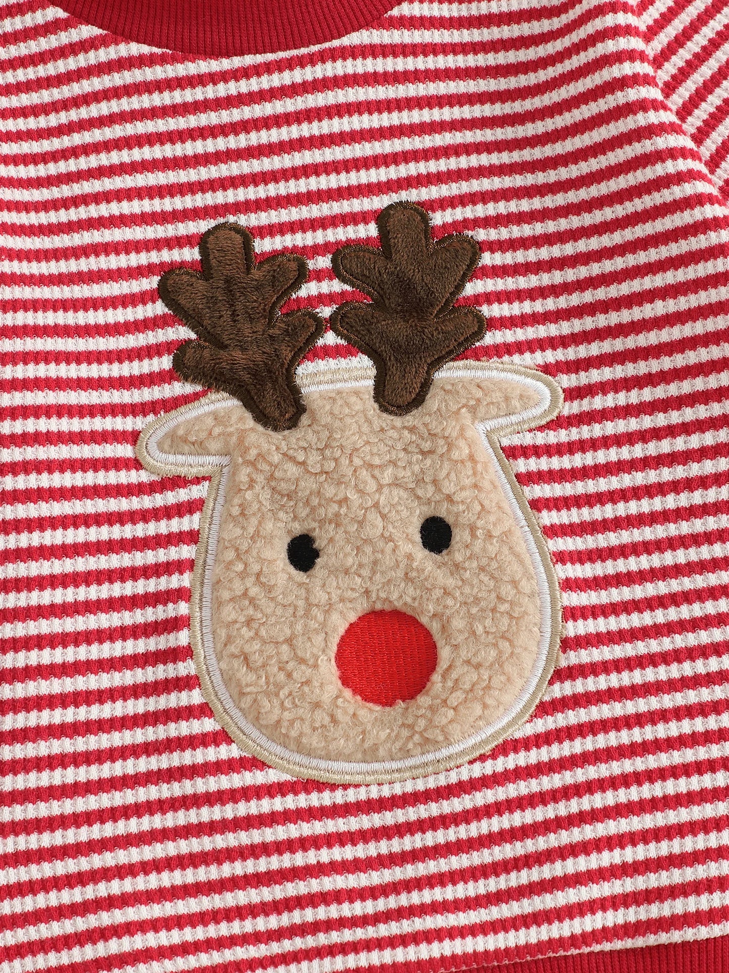 Baby Toddler Boys Girls 2Pcs Christmas Outfit Reindeer Embroidery Stripe Long Sleeve Round Neck Pullover Top + Elastic Waist Long Pants Jogger Set