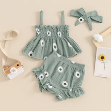 Load image into Gallery viewer, Baby Girls 3Pcs Shorts Set Spaghetti Straps Pleated Flower Print Camisole Top with Shorts Hairband Summer Outfit
