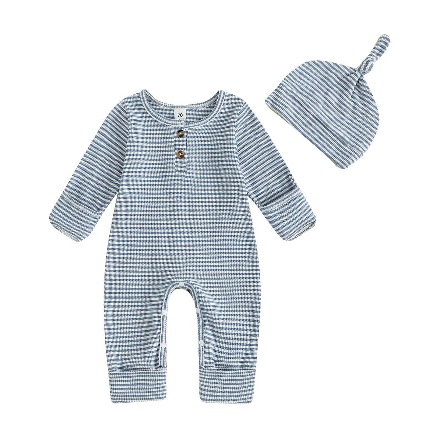 Baby Boys 2Pcs Fall Clothes Romper Stripe Print Long Sleeve Round Neck Full Length Jumpsuit with Hat Set