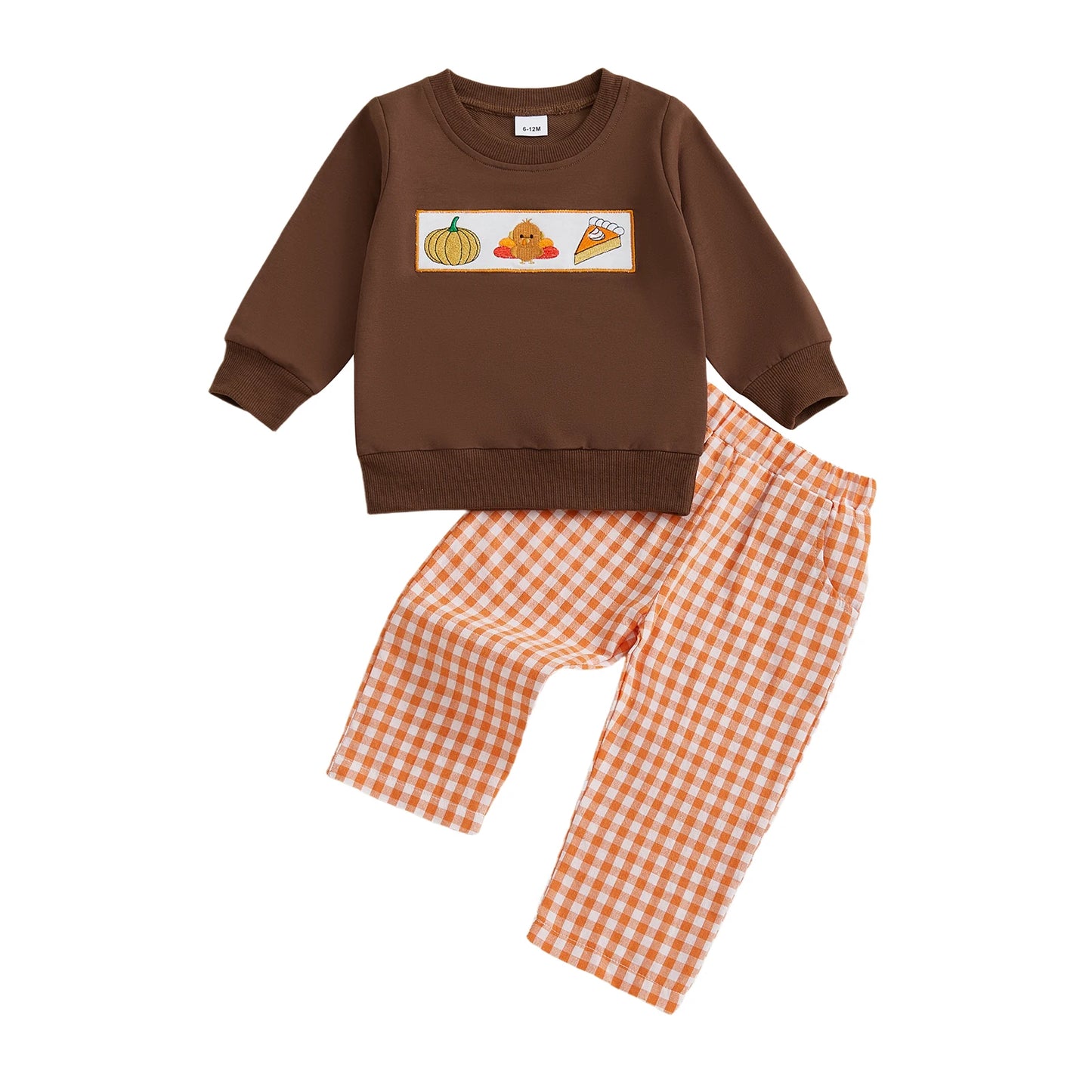 Baby Toddler Boys Girls 2Pcs Thanksgiving Outfit Pumpkin Turkey Pie Long Sleeve Crewneck Top Plaid Elastic Waist Pants Set