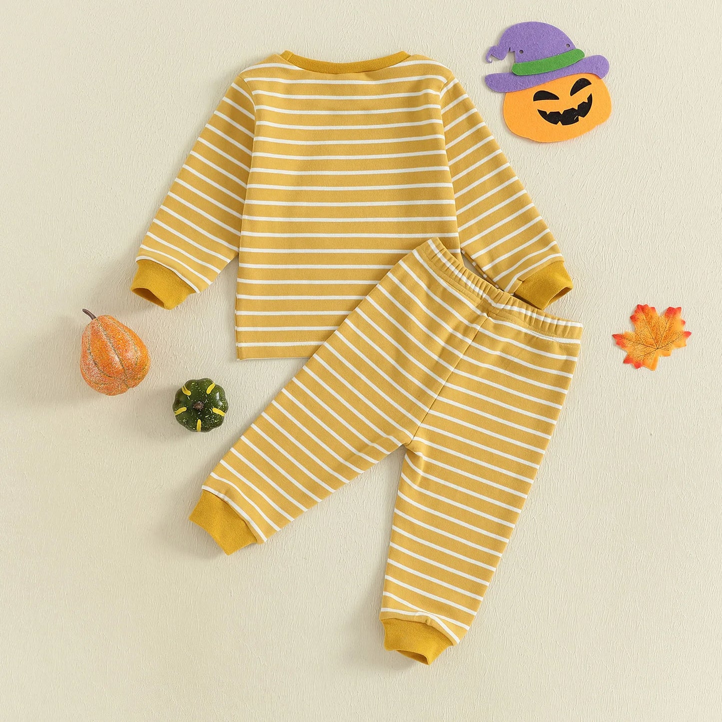 Baby Toddler Girls Boys 2Pcs Halloween Pajamas Set Long Sleeve Embroidery Pumpkin Ghost Top with Striped Pants Sleepwear