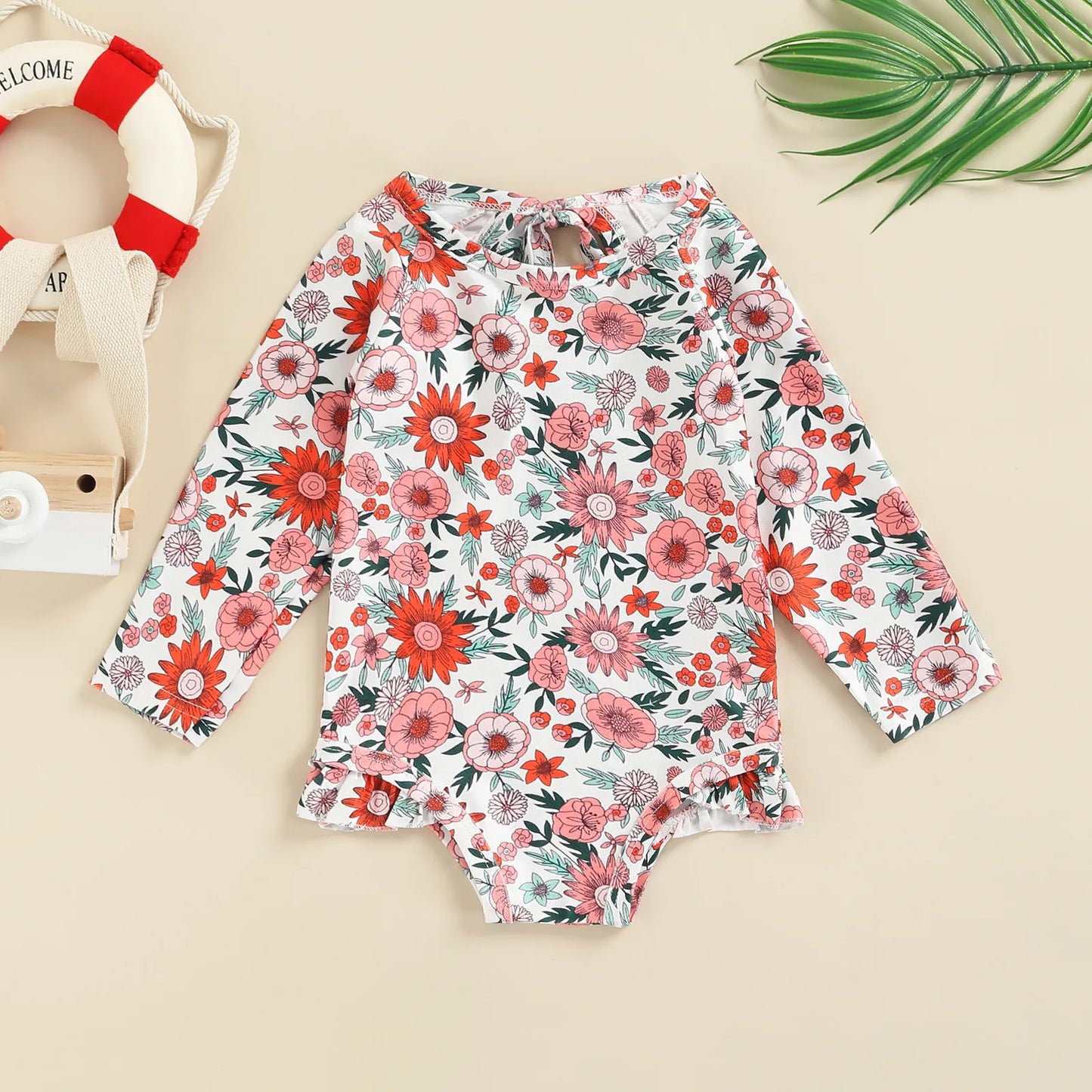 Long Sleeve Printed Ruffle Swimsuit