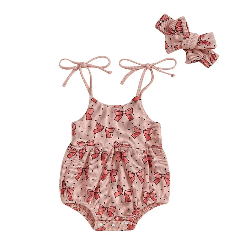 Baby Girls 2Pcs Summer Romper Sleeveless Tank Tie Strap Bow Print Jumpsuit with Headband Set