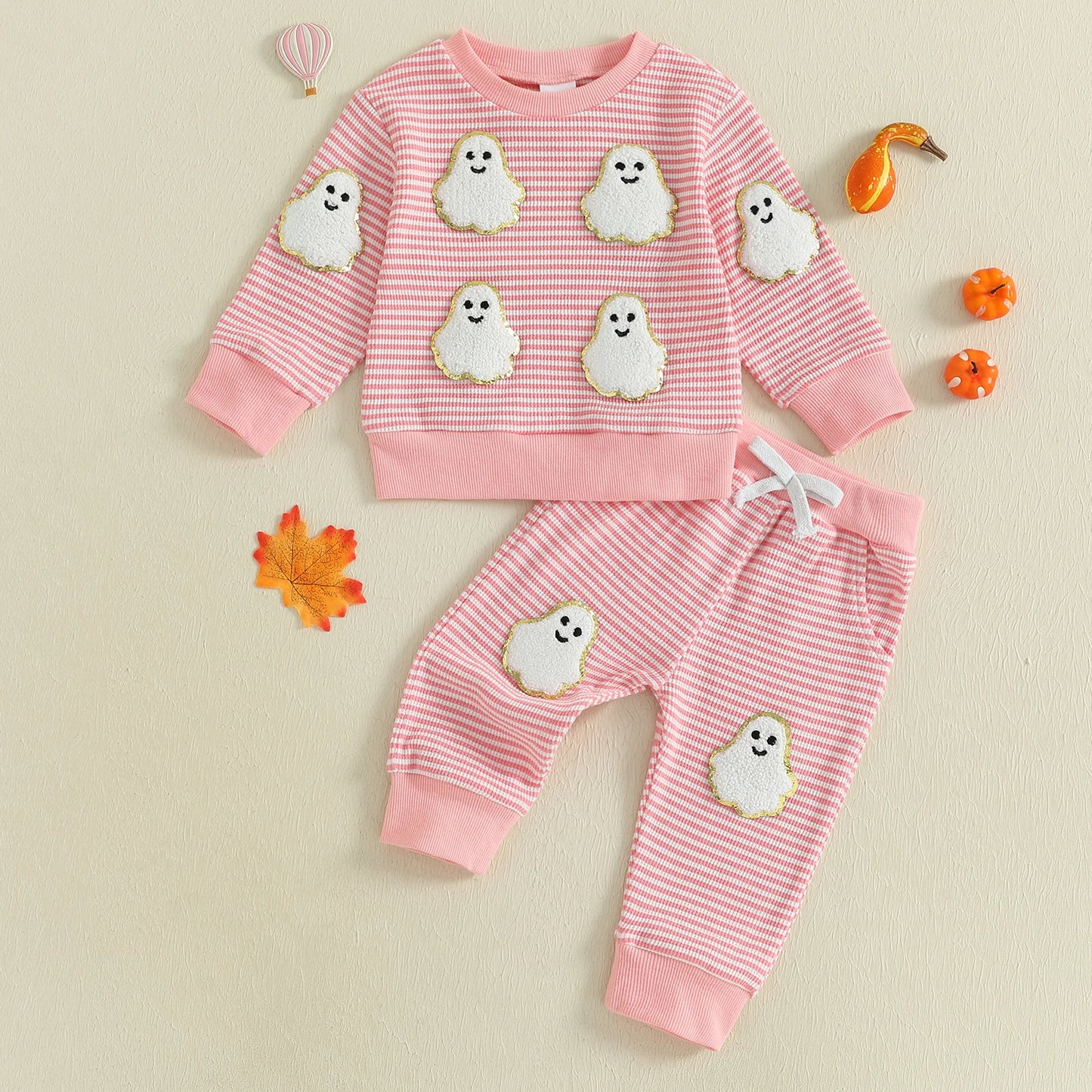 Baby Toddler Boys Girls 2Pcs Halloween Outfit Ghost Pumpkin Pattern Striped O-Neck Long Sleeve Top with Pants Jogger Set