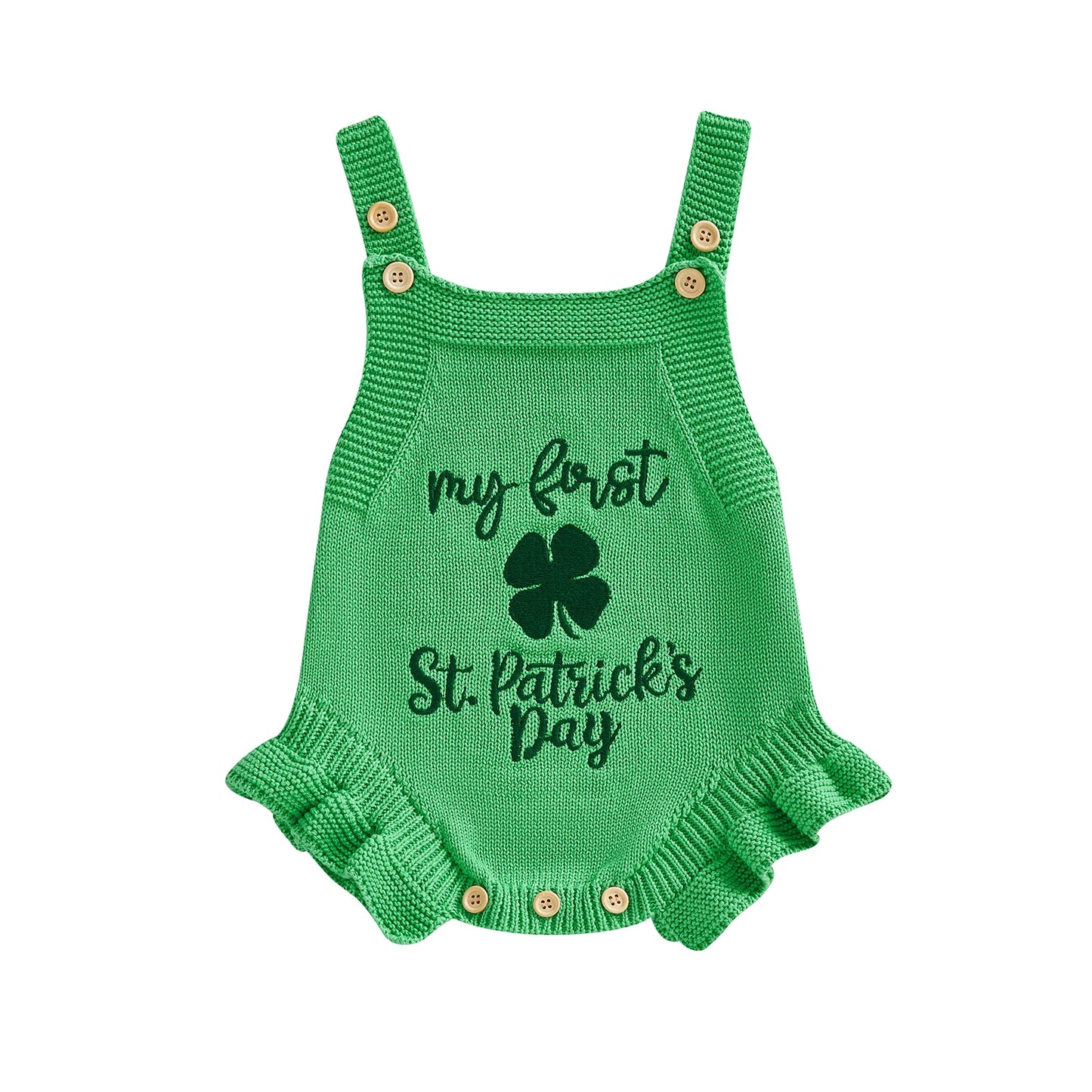 Baby Girls My First St. Patrick's Day Knit Jumpsuit Sleeveless Ruffle Trim Clover Letter Embroidery Overalls Romper