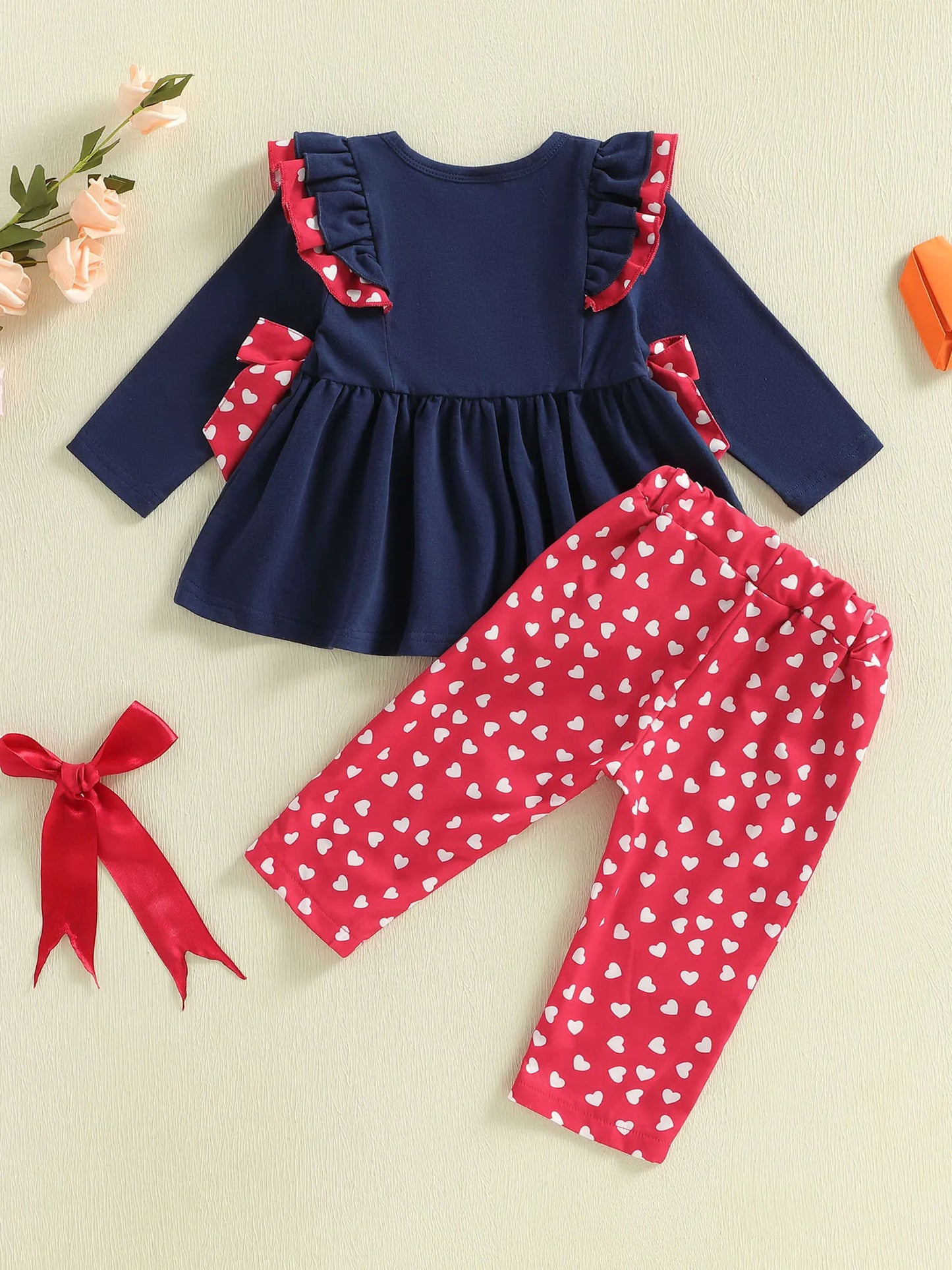 Baby Toddler Girls 2Pcs Valentine's Day Outfit Bows Heart Pattern Ruffled Trim Long Sleeve Top and Pants Set