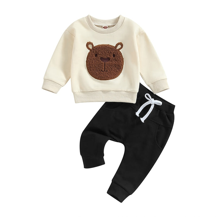 Toddler Baby Boy Girl 2Pcs Fall Outfits Long Sleeve Bear Embroidery Tops Pocket Pants Set