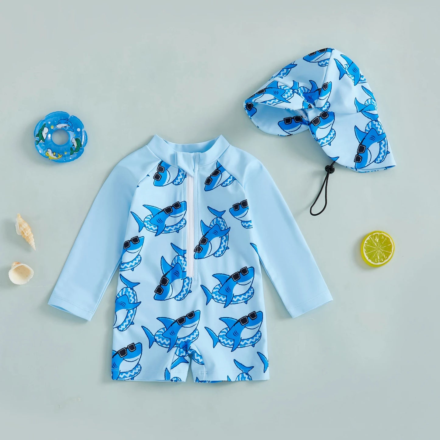 Baby Toddler Boys 2Pcs Rash Guard Swimsuit Shark Print Long Sleeve Zip Up Bathing Suit with Sun Cap Hat Set