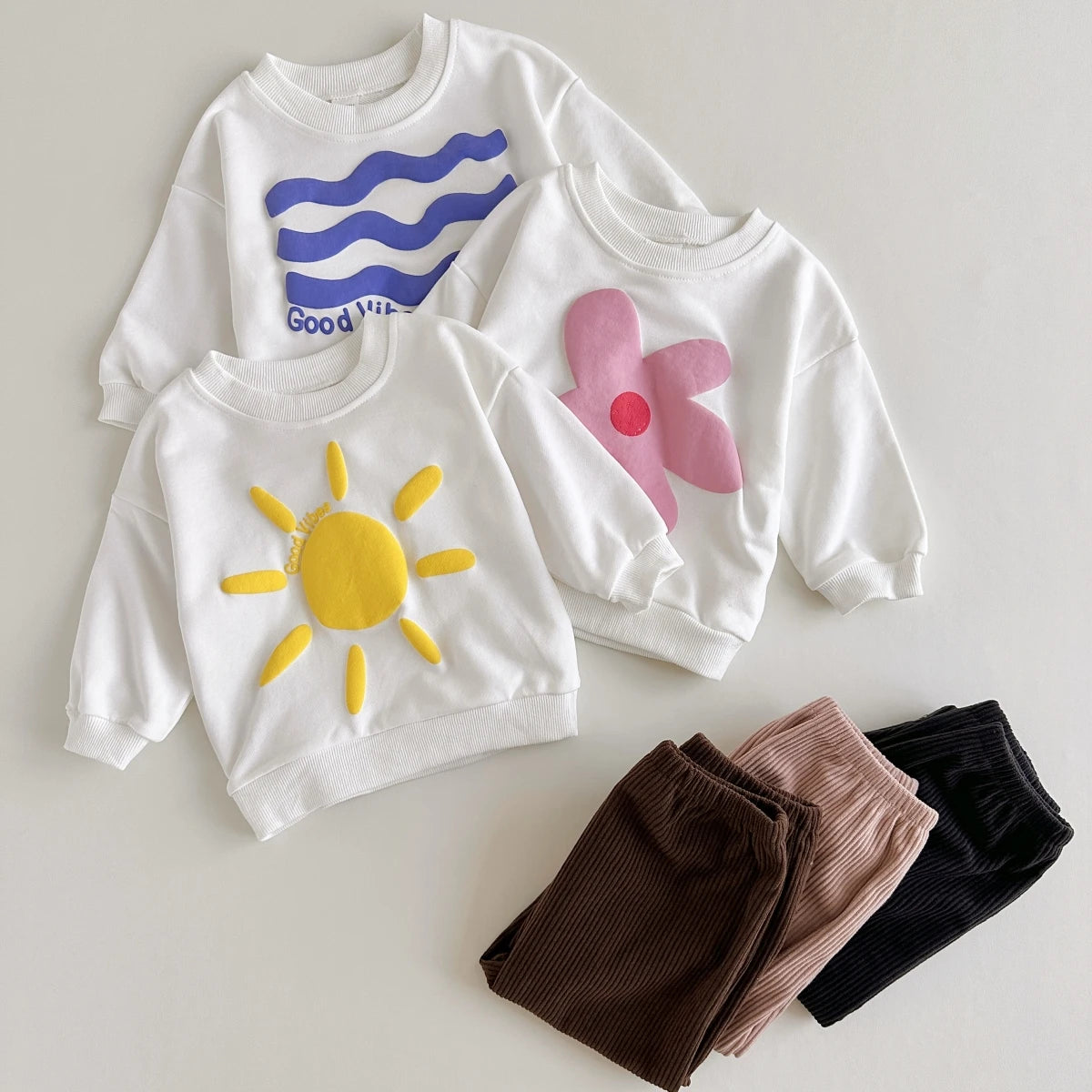 Baby Toddler Boys Girls 2Pcs Good Vibes WAves / Flower / Sun Long Sleeve Top + Corduroy Pants Outfit Set