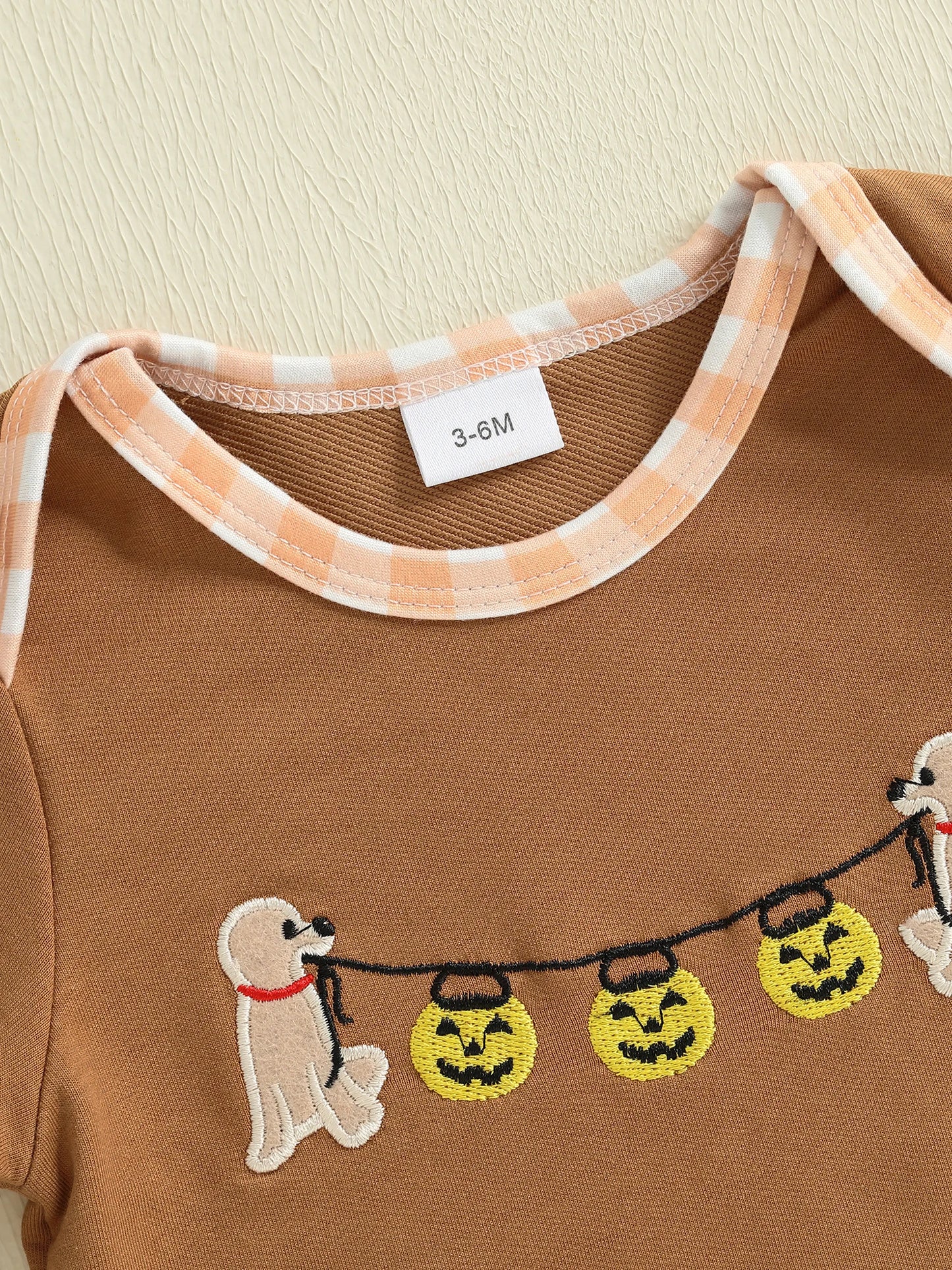 Baby Boys Halloween Romper Pumpkin Dog Embroidery Long Sleeve Round Neck Plaid Jumpsuit