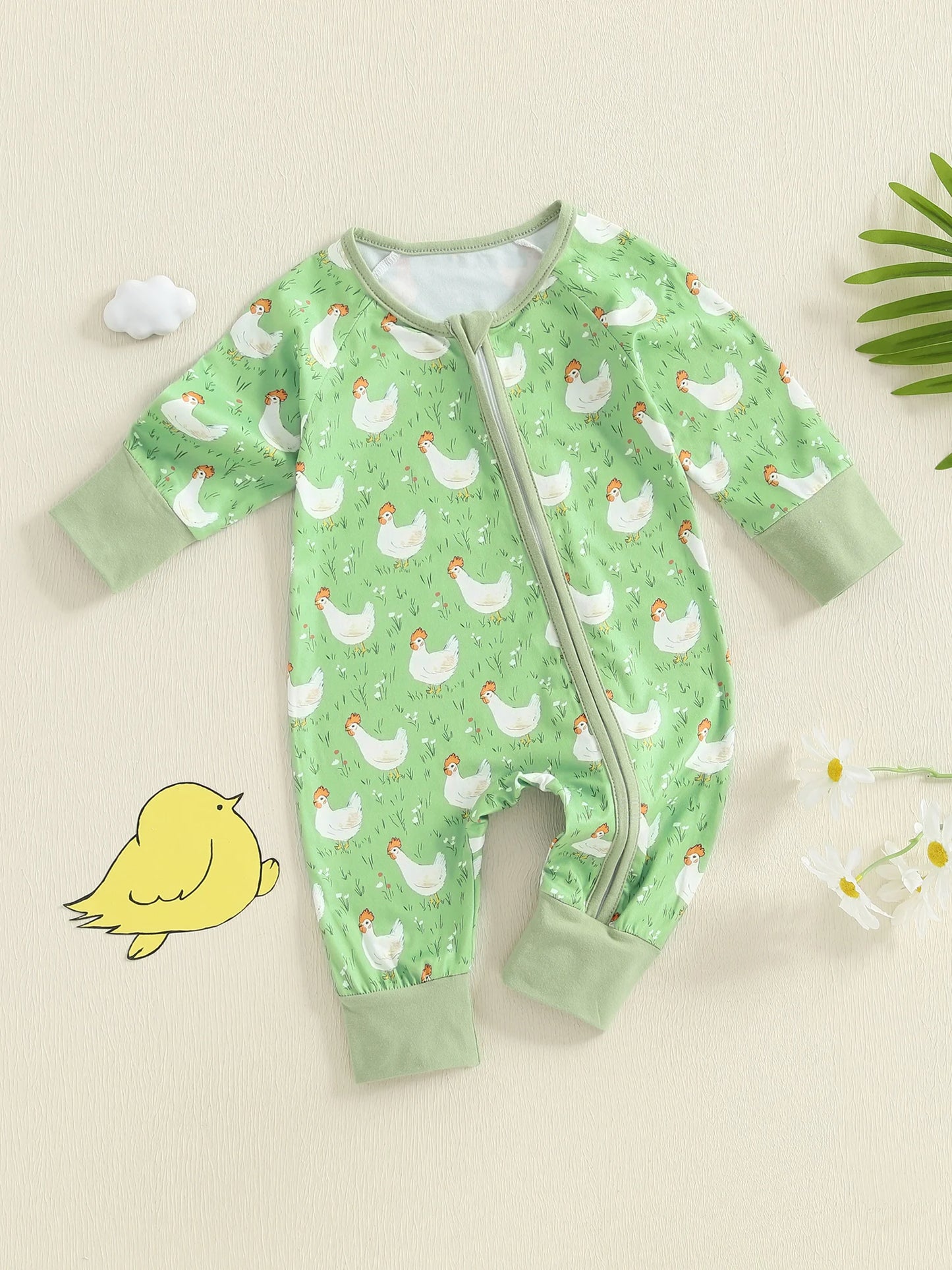 Baby Girl Boy Chicken Print Jumpsuit Long Sleeve Round Neck Zipper Romper
