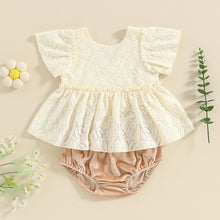 Load image into Gallery viewer, Baby Girl 2Pcs Summer Outfits O-Neck Fly Sleeve Ruffled Hem Lace Flower Top + Elastic Waist Shorts Set
