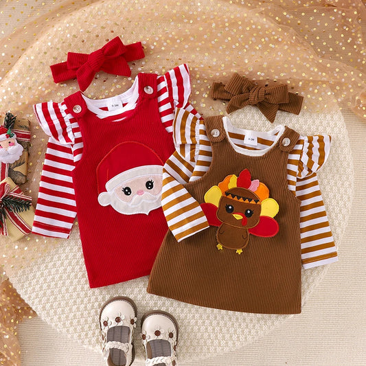 Baby Girls 2Pcs Thanksgiving Christmas Outfits Stripe Long Sleeve Romper Turkey / Santa Embroidery Overalls Dress Headband Set
