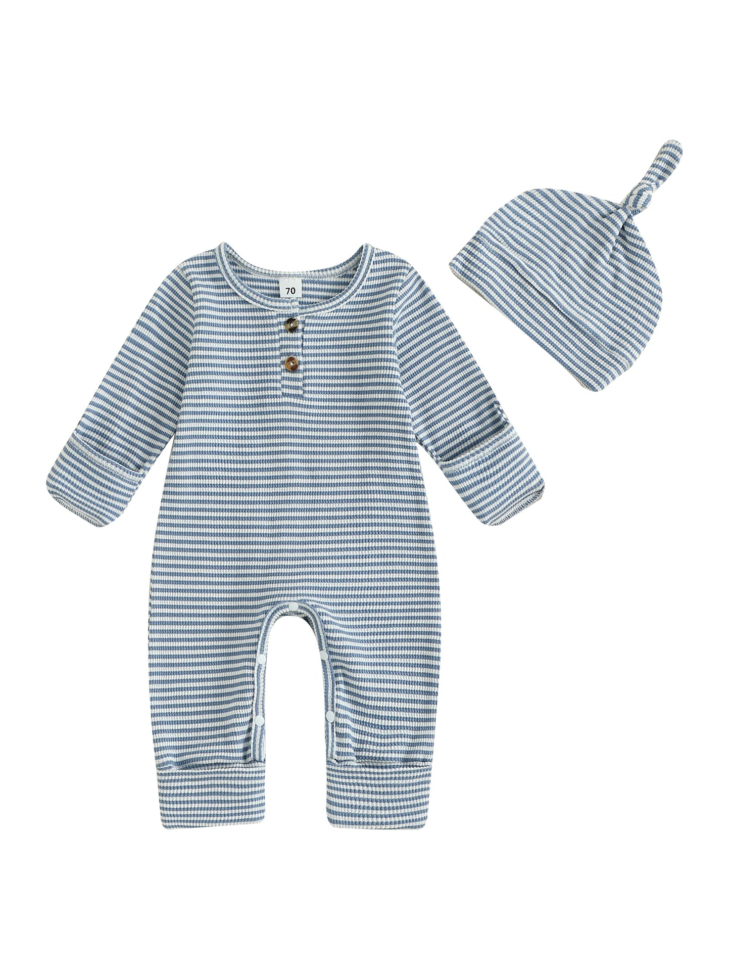 Baby Boys 2Pcs Fall Clothes Romper Stripe Print Long Sleeve Round Neck Full Length Jumpsuit with Hat Set