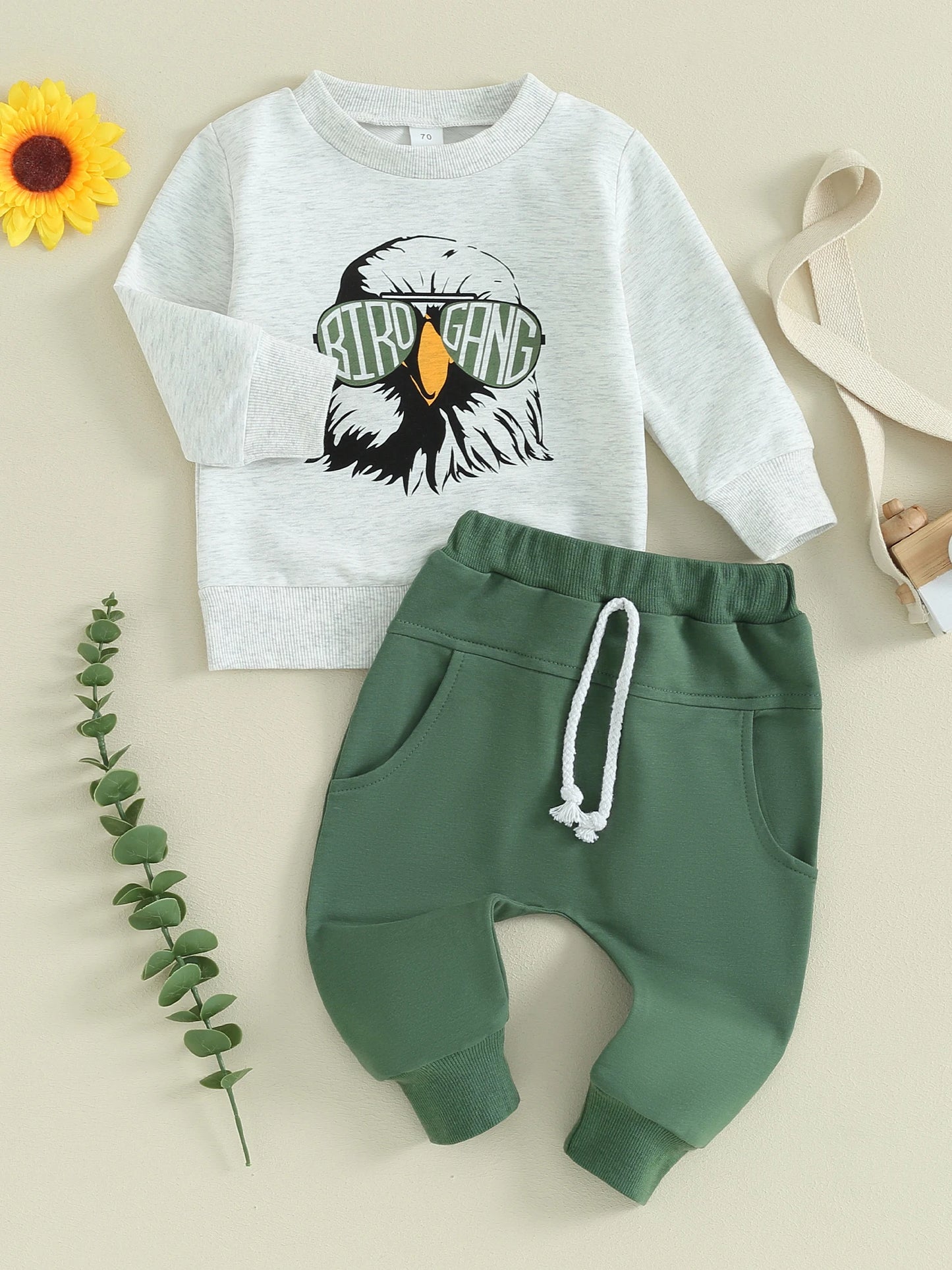 Toddler Baby Boy 2Pcs Football Bird Gang Outfits Birds Eagles Sunglasses Long Sleeve Top Jogger Pants Set