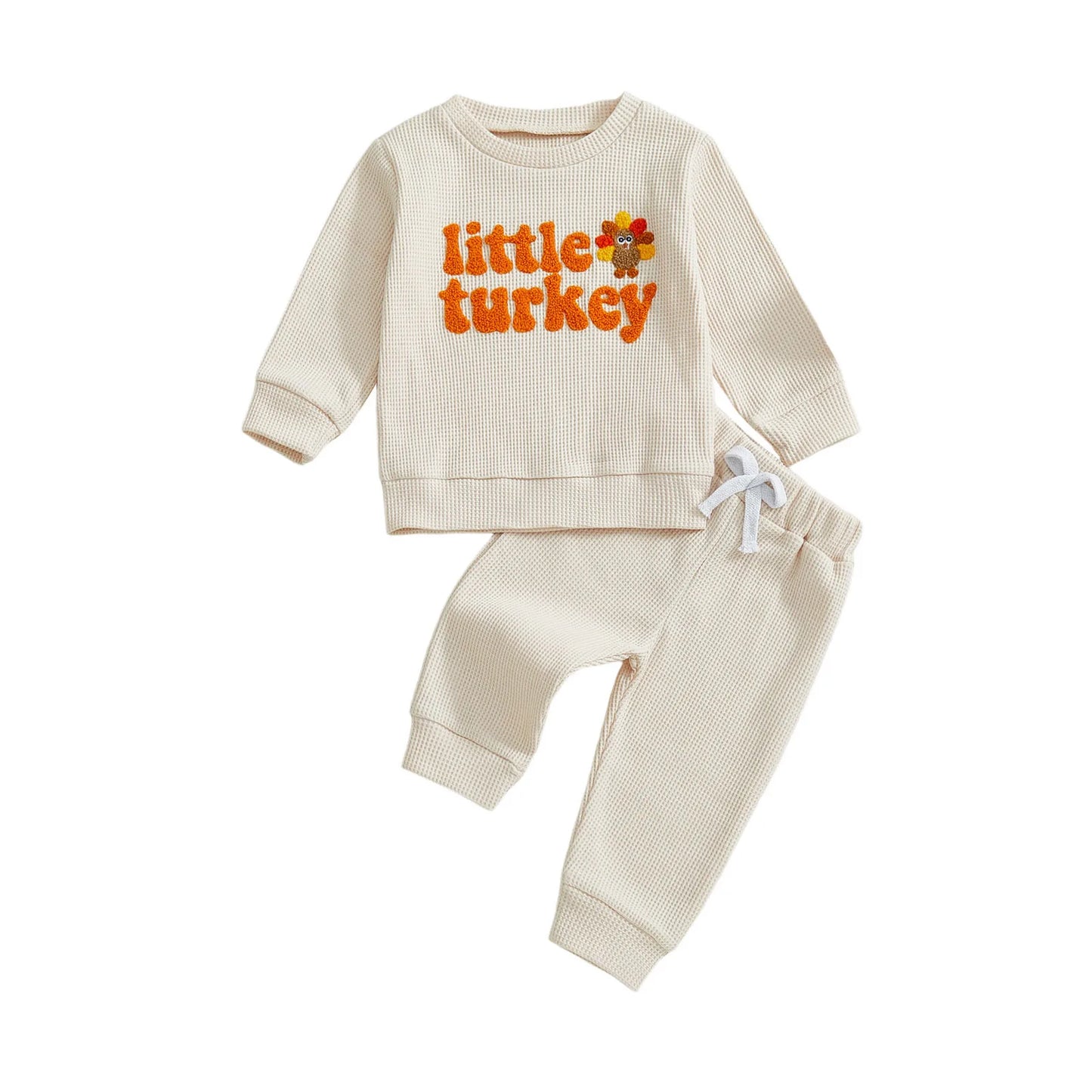 Baby Toddler Boy s2Pcs Little Turkey Thanksgiving Outfit Turkey Letter Embroidery Long Sleeve Pullover Top Elastic Waist Solid Pants Jogger Set
