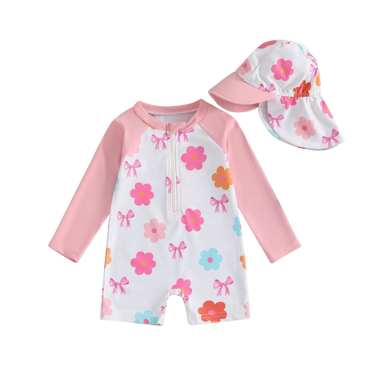 Baby Toddler Girls 2Pcs Swimwear Long Sleeve Floral/Bow/Strawberry Print Half Zipper Rash Guard Bathing Suite with Sunhat Set