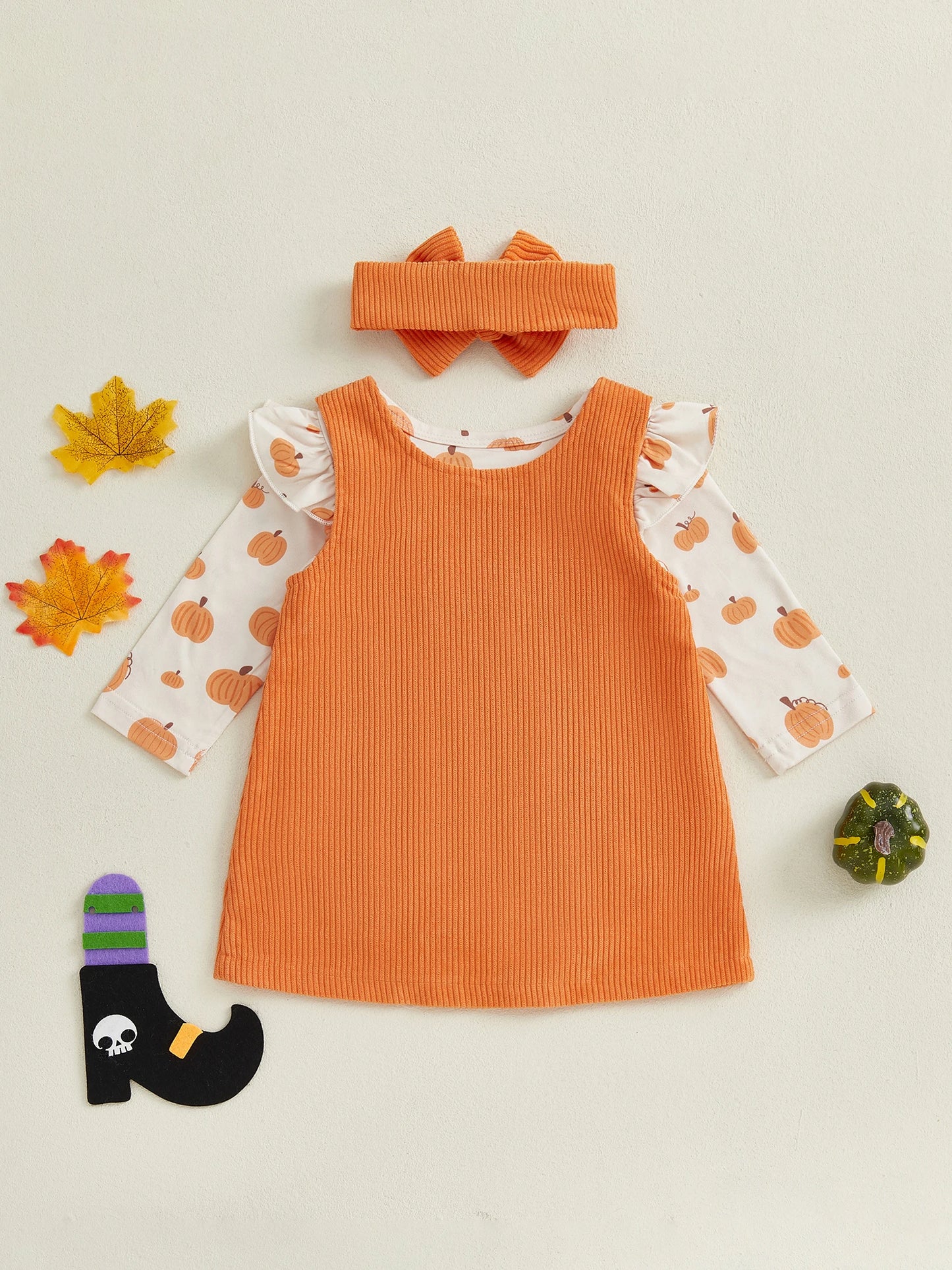Baby Girls 3Pcs Halloween Outfit Pumpkin Ruffle Long Sleeve Romper Overall Dress Headband Set