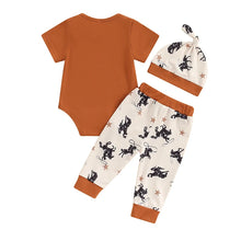 Load image into Gallery viewer, Baby Boy 3Pcs Outfit Yee-Haw Short Sleeve Romper Elastic Waist Star Cowboy Print Pants Hat Clothes Set
