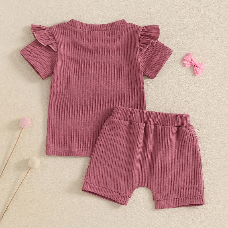 Baby Toddler Girls 2Pcs Waffle Outfit Mama's Mini Letter Embroidery Ruffle Short Sleeve T-Shirt Top and Elastic Shorts Set Clothes