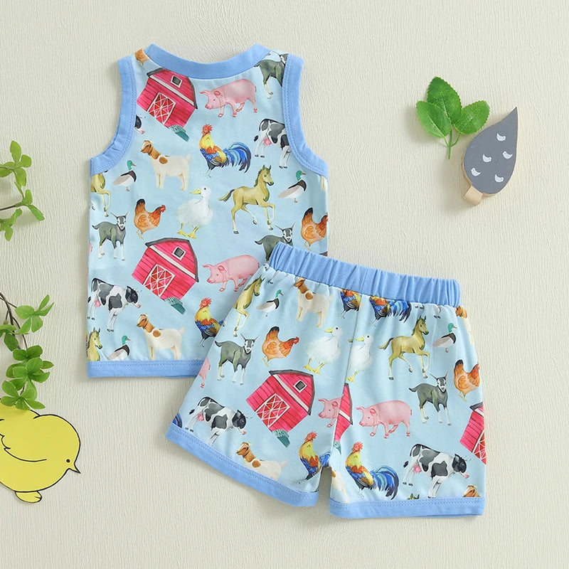 Baby Toddler Boys 2Pcs Tractor Farm Animal Sleeveless Tank Top Elastic Waist Shorts Outfit Summer Clothes Set