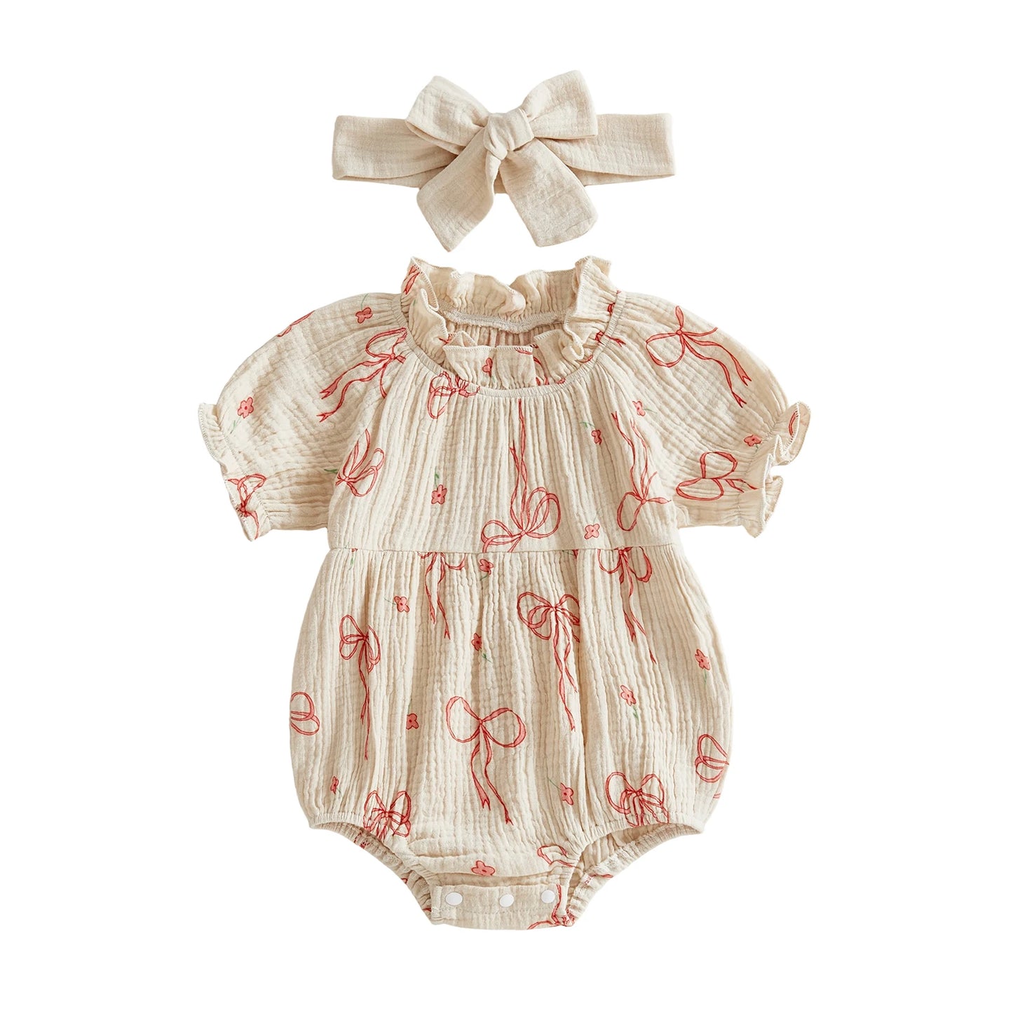 Baby Girls 2Pcs Outfit Cute Short Sleeve Round Neck Bow Flower Print Jumpsuit with Headband Set