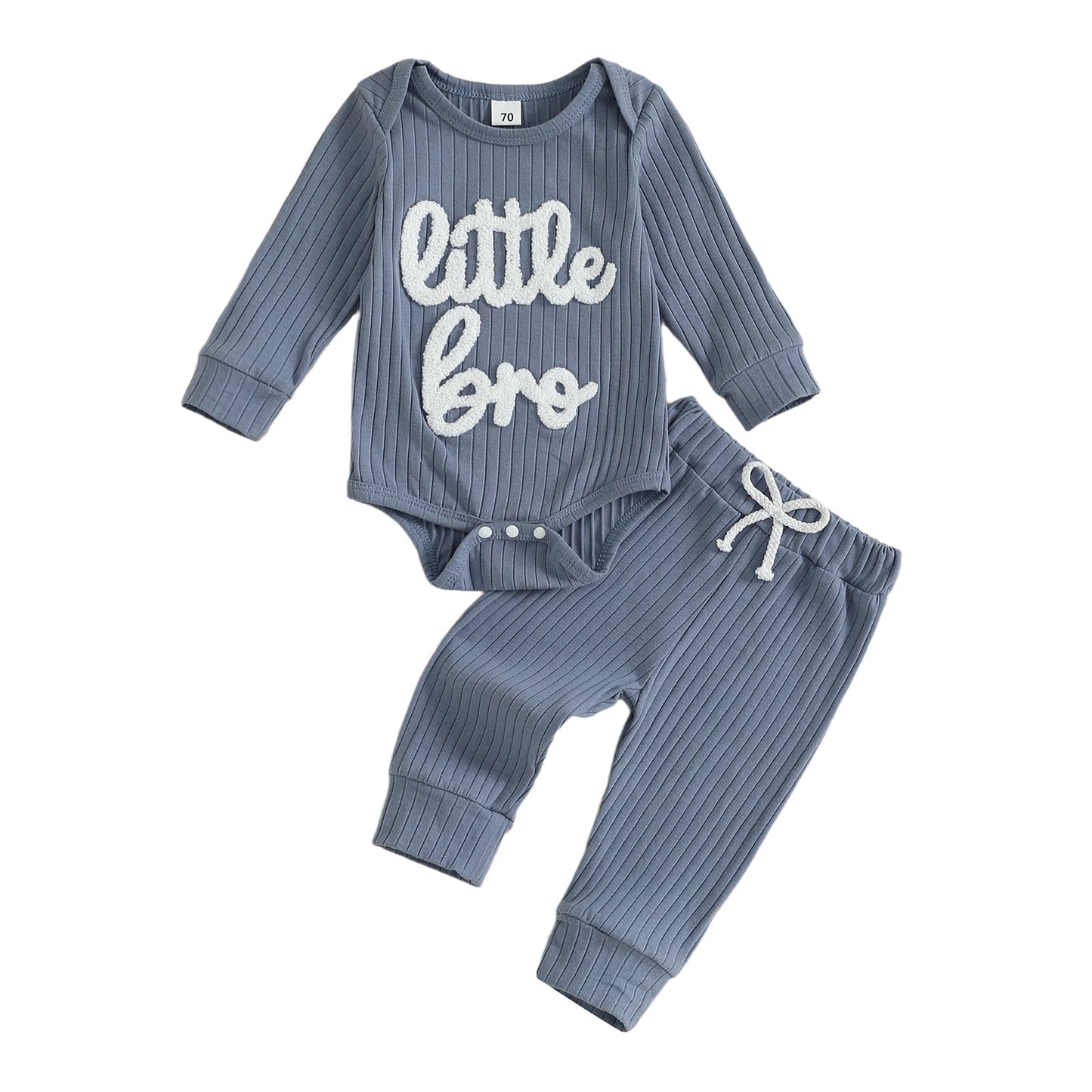 Baby Boy 2Pcs Fall Clothes Letter Little Bro Embroidery Long Sleeve Romper Solid Long Jogger Pants Outfit Set