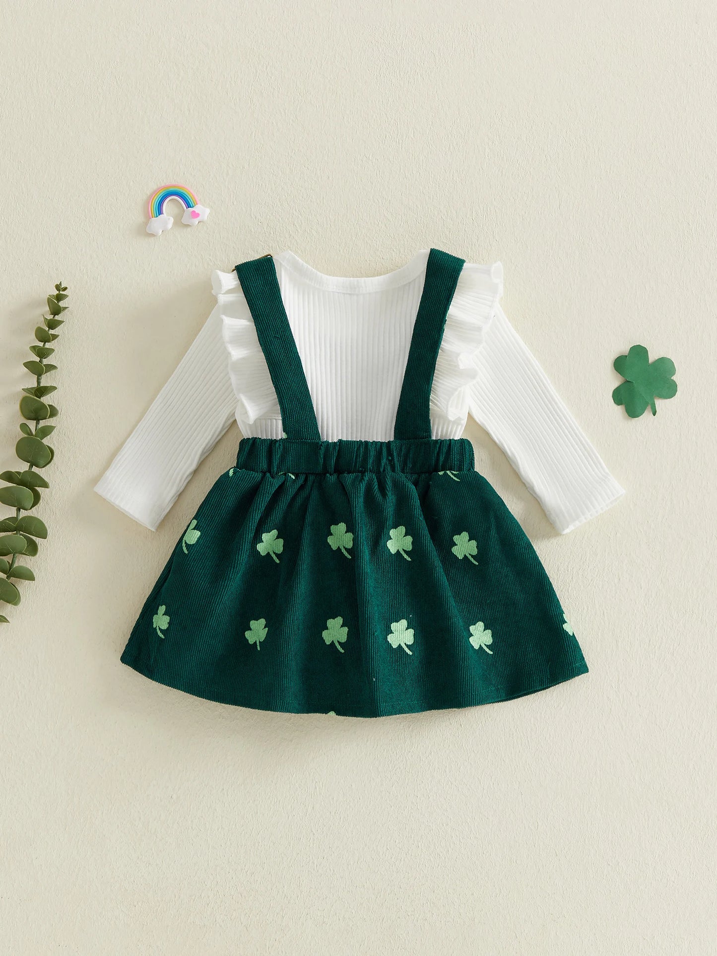 Baby Girl 2Pcs St. Patrick's Day Outfit Ruffle Long Sleeve Crew Neck Solid Color Romper and Shamrock Print Overall Dress Set