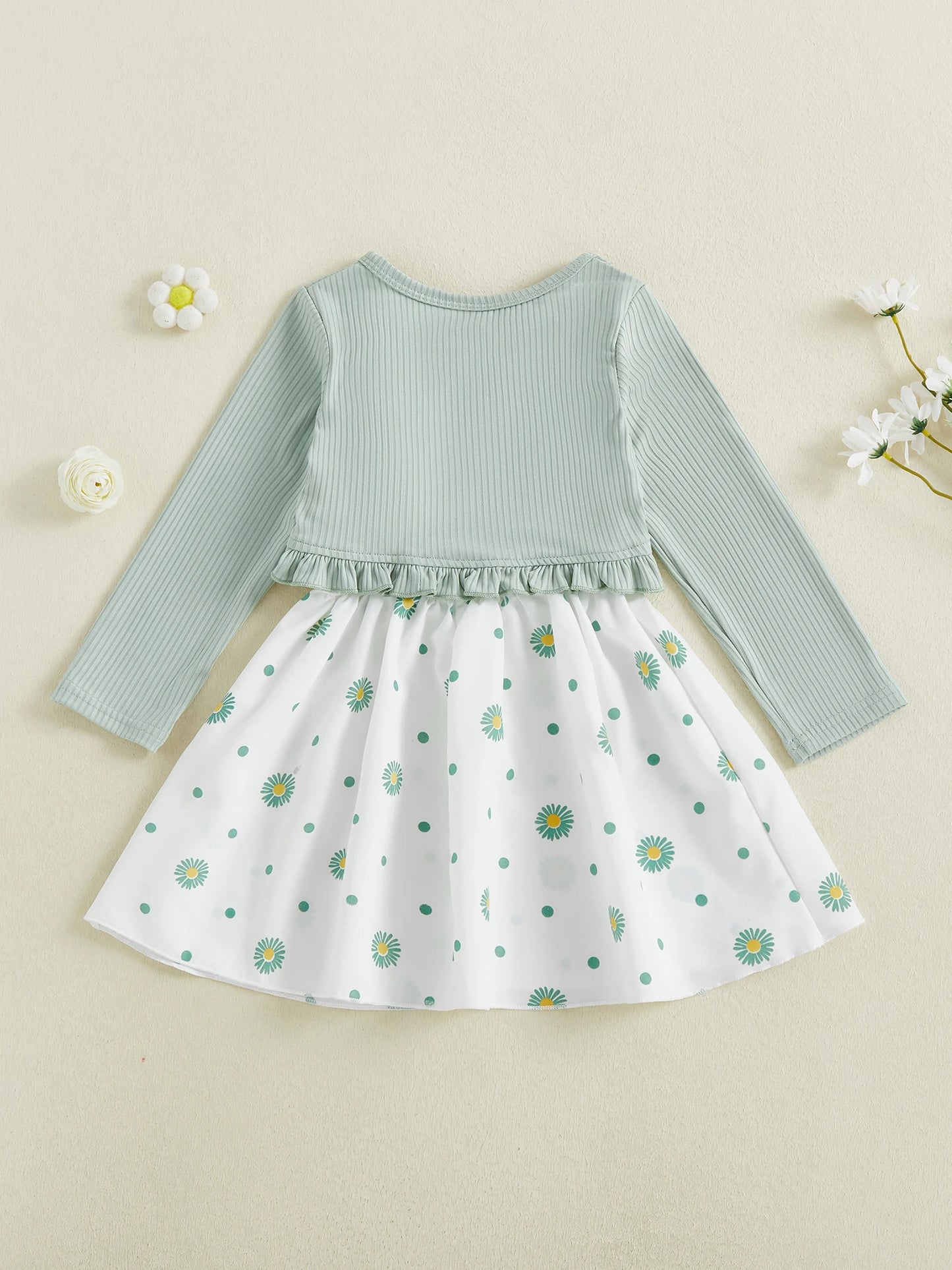 Toddler Kids Girl 2Pcs Spring Outfit Flower Long Sleeve Ruffle Cardigan and Sleeveless A-line Dress 2 Piece Set