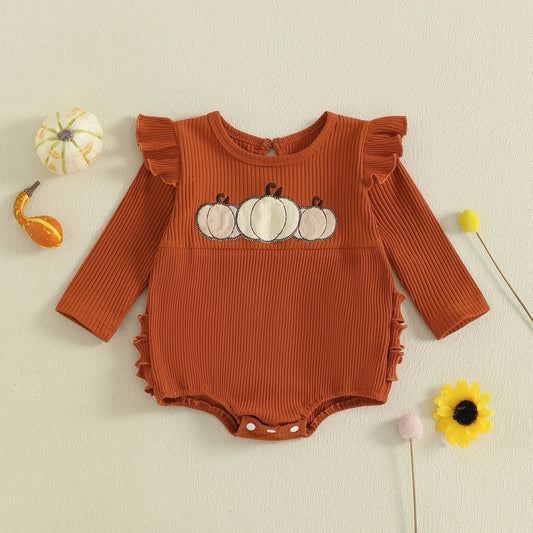 Baby Girl Pumpkin Embroidered Jumpsuit Halloween Fall Long Sleeve Round Neck Ruffle Romper