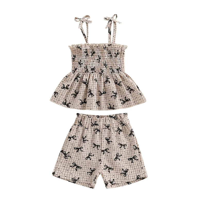 Baby Toddler Girls 2Pcs Summer Clothes Plaid Bow Print Spaghetti Strap Cami Tank Top + Elastic Waist Shorts Set