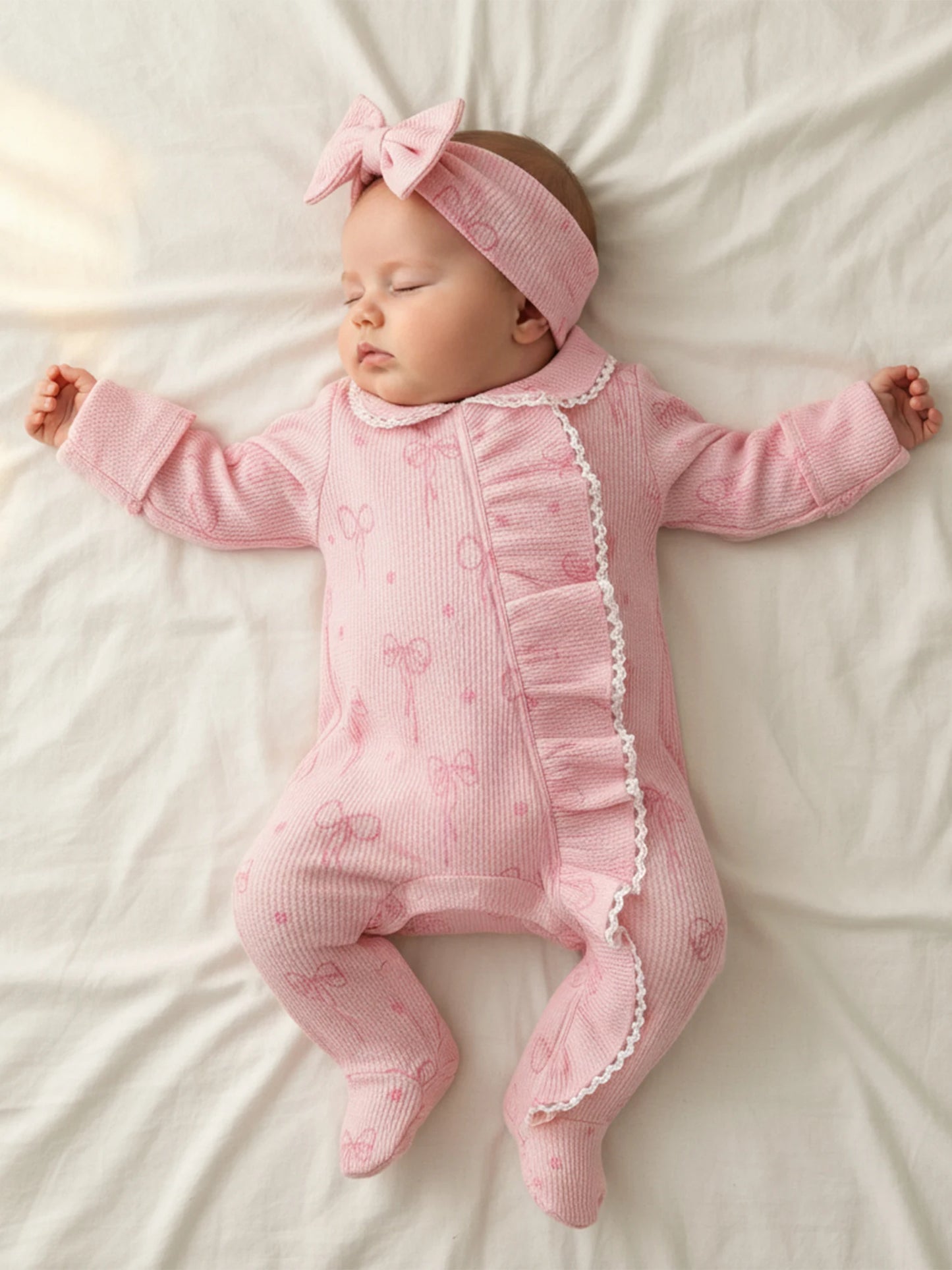 Baby Girl 2Pcs Romper Waffled Bow Print Long Sleeve Zip Up Footed Jumpsuit with Headband Set