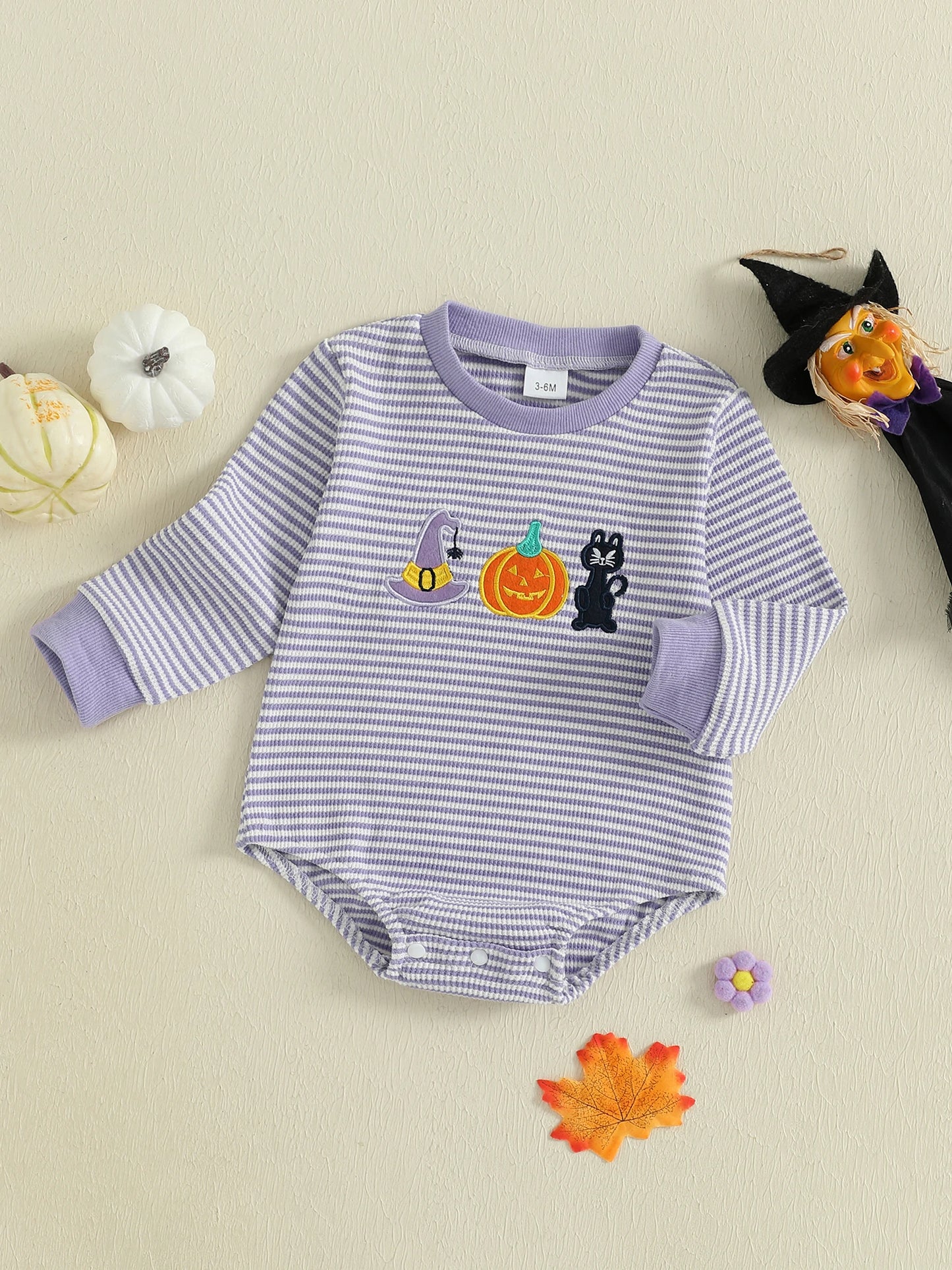 Baby Girls Boys Halloween Romper Long Sleeve Crew Neck Pumpkin Ghost Embroidery Bodysuit Fall
