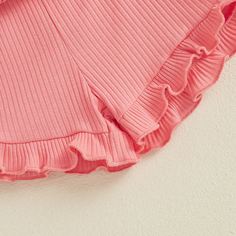 Baby Toddler Girls 2Pcs Ribbed Outfit Solid Color Short Sleeve T-Shirt Top Elastic Waist Ruffle Shorts Set