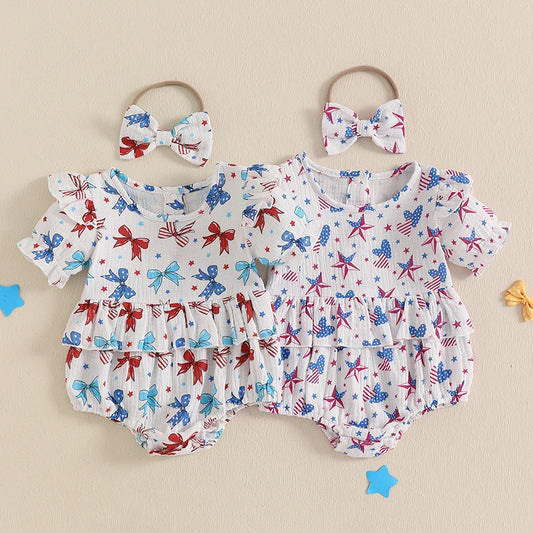 Baby Girl 2Pcs 4th of July Outfit Love Heart Star Pattern Ruffled Crew Neck Short Sleeve Romper & Bow Headband Set