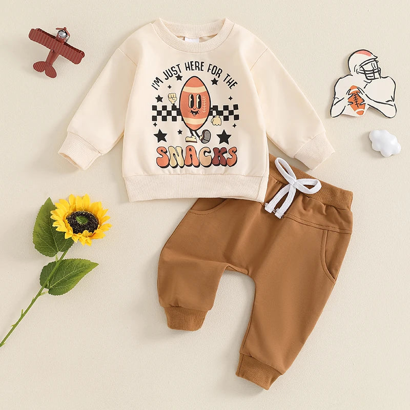 Baby Toddler Boys 2Pcs Sundays Are For the Boys / Team Dino / I'm Just Here For The Snacks / Fall Outfit Letter / Birds Football Print Long Sleeve Top Elastic Waist Pants Set