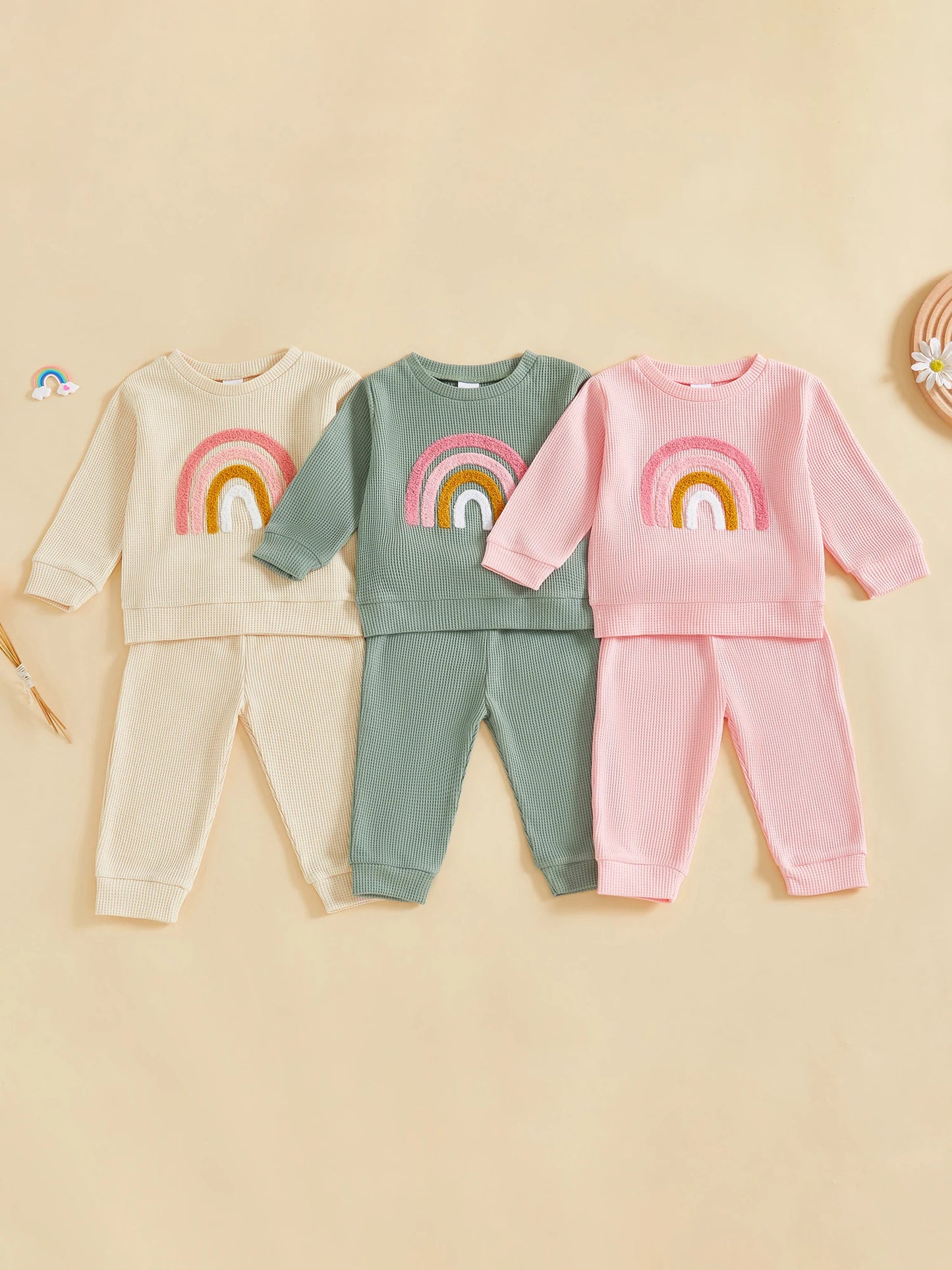 Baby Toddler Girls 2Pcs Fall Set Fashionable Rainbow Embroidery Long Sleeve Pullover Top with Jogger Pants Outfit