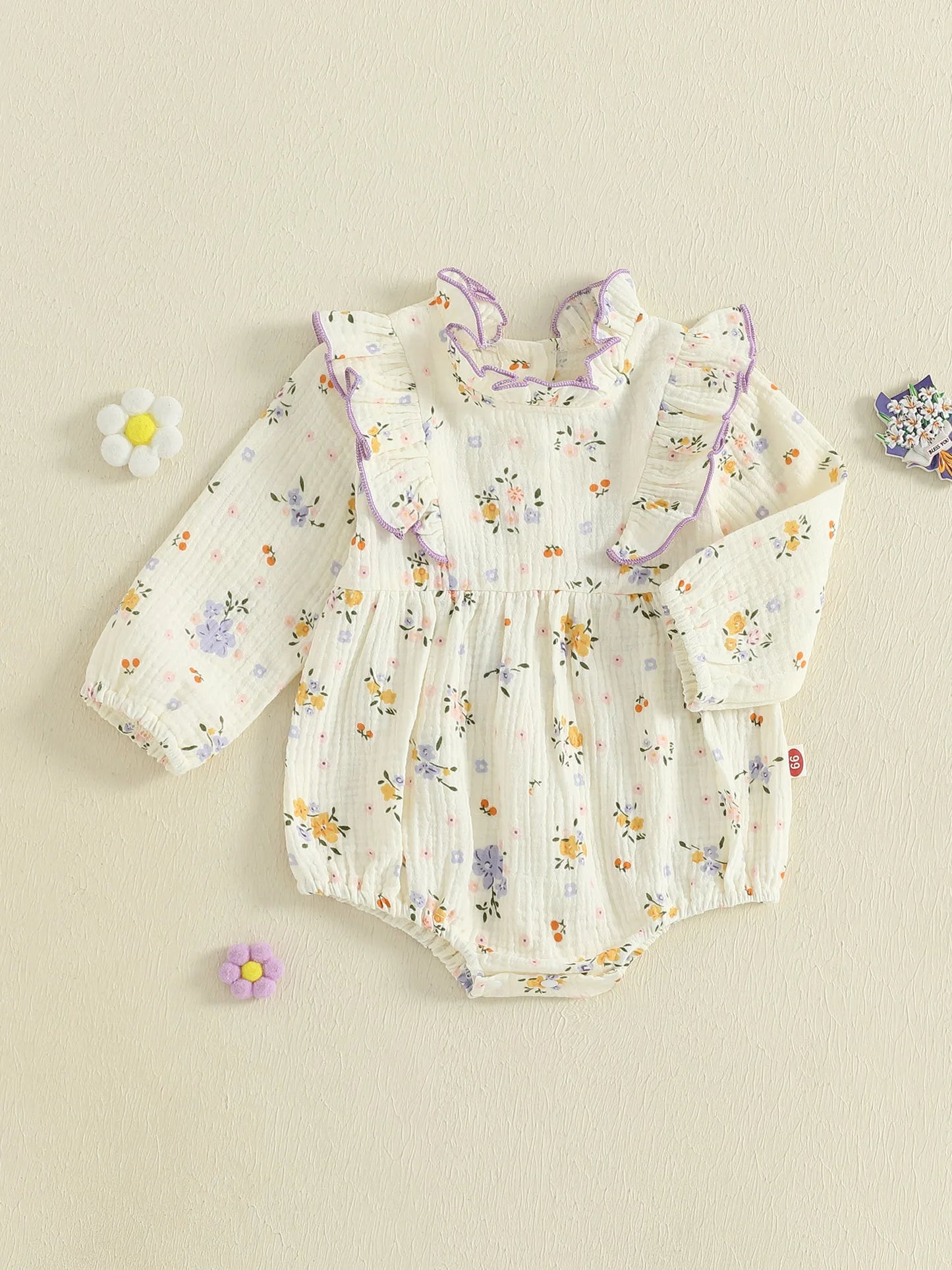 Baby Girl Fall Bubble Romper Floral Print Long Sleeve Frill Mock Neck Ruffled Jumpsuit