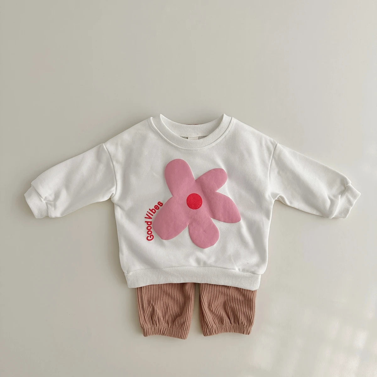 Baby Toddler Boys Girls 2Pcs Good Vibes WAves / Flower / Sun Long Sleeve Top + Corduroy Pants Outfit Set