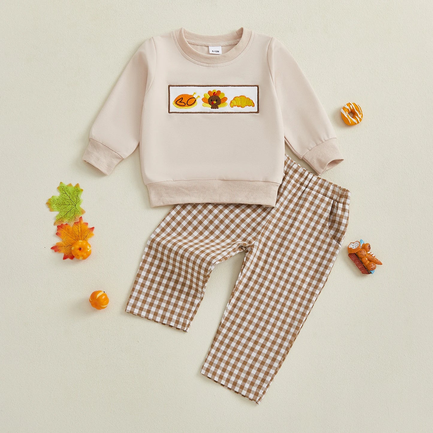 Baby Toddler Boys Girls 2Pcs Thanksgiving Outfit Pumpkin Turkey Pie Long Sleeve Crewneck Top Plaid Elastic Waist Pants Set