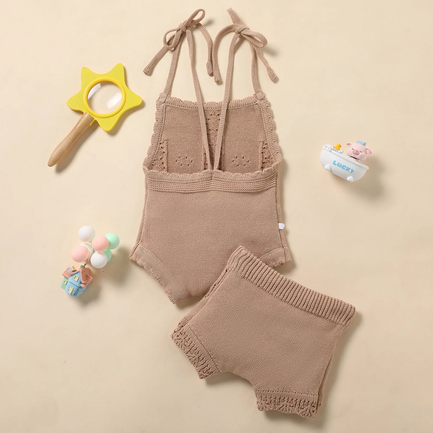 Baby Girls 2Pcs Summer Clothing Set Sleeveless Solid Knitted Tank Top Bodysuit and Shorts Set
